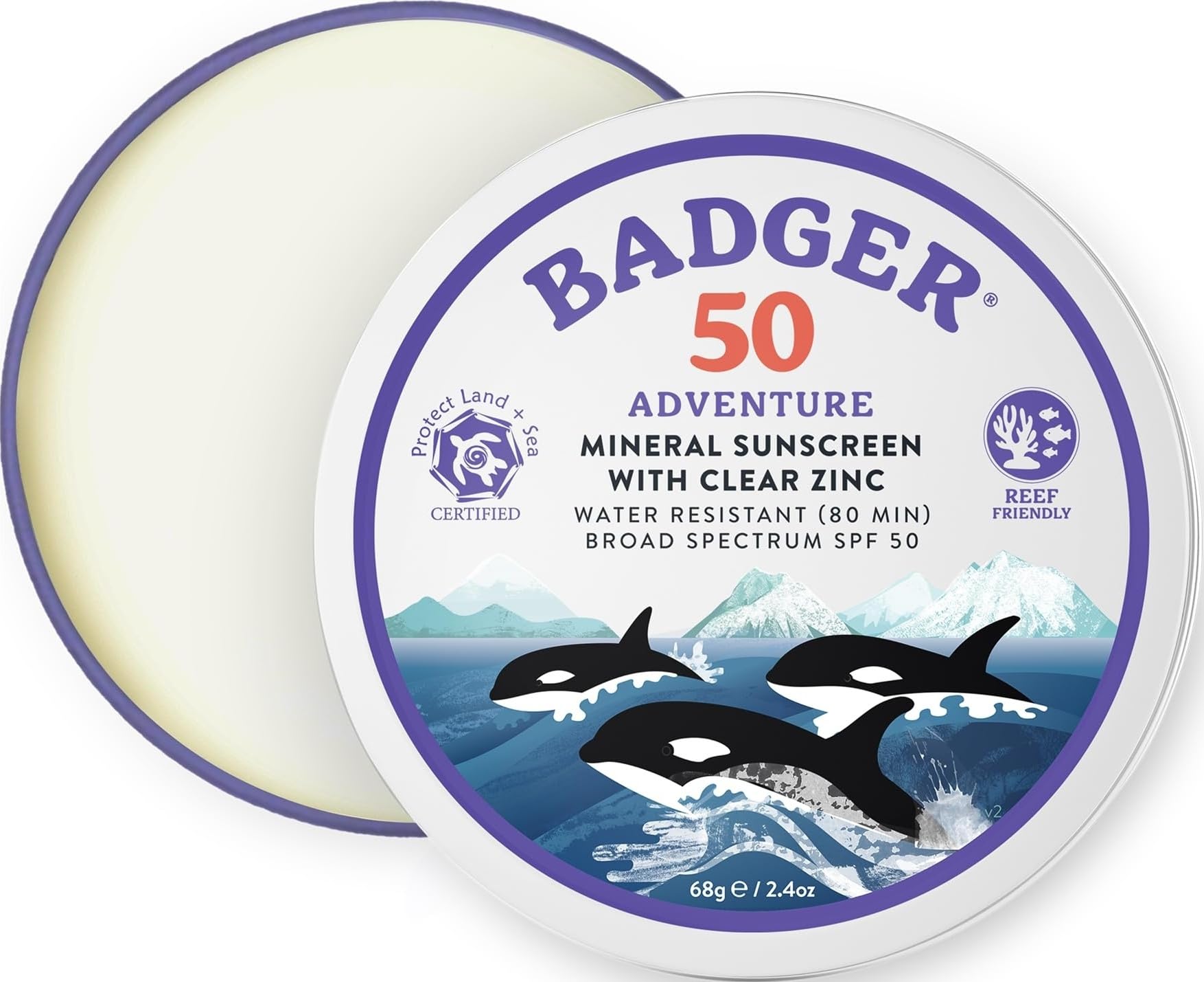 Badger Reef Safe Mineral Sunscreen SPF 50, Zinc Oxide, 2.4 oz Tin 2.4 Fl Oz (Pack of 1) Tin