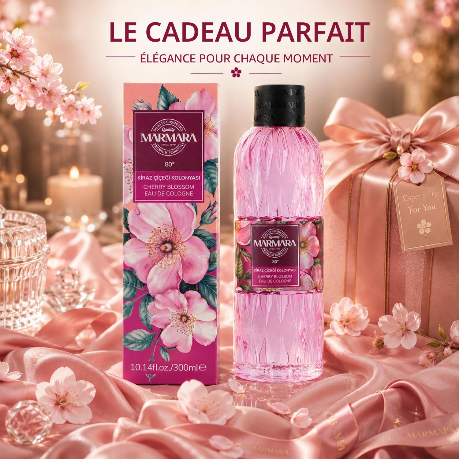MARMARA BEAUTY Eau de Cologne Fleurs de cerisier 300 ml – Alcool 80° – Parfum rafraîchissant pour femme – Eau parfumée pour femme – Rafraîchit – Fraîcheur & Fleuri – EDC Women – Eau de Cologne
