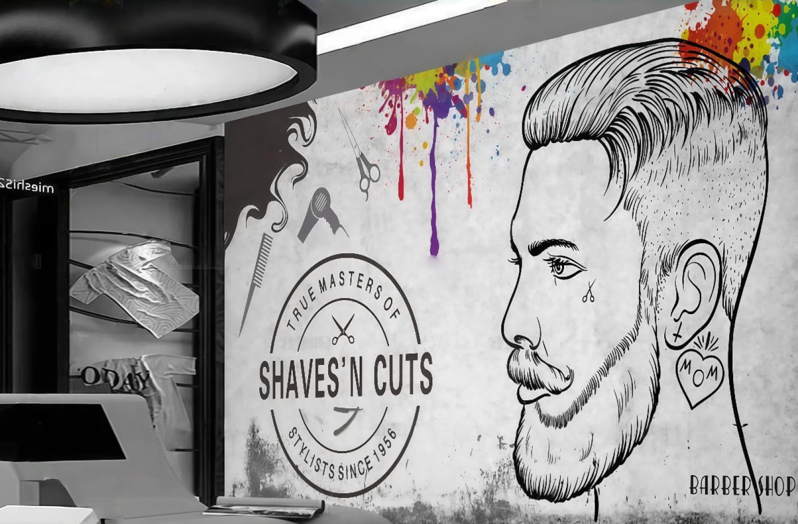 Xdoubao Men's 3D Wallpaper Retro Cet Wall Hand-Painted Barber Shop Image Wall Coffee Shop Background Mural Western Restaurant Wallpaper,,150X105cm