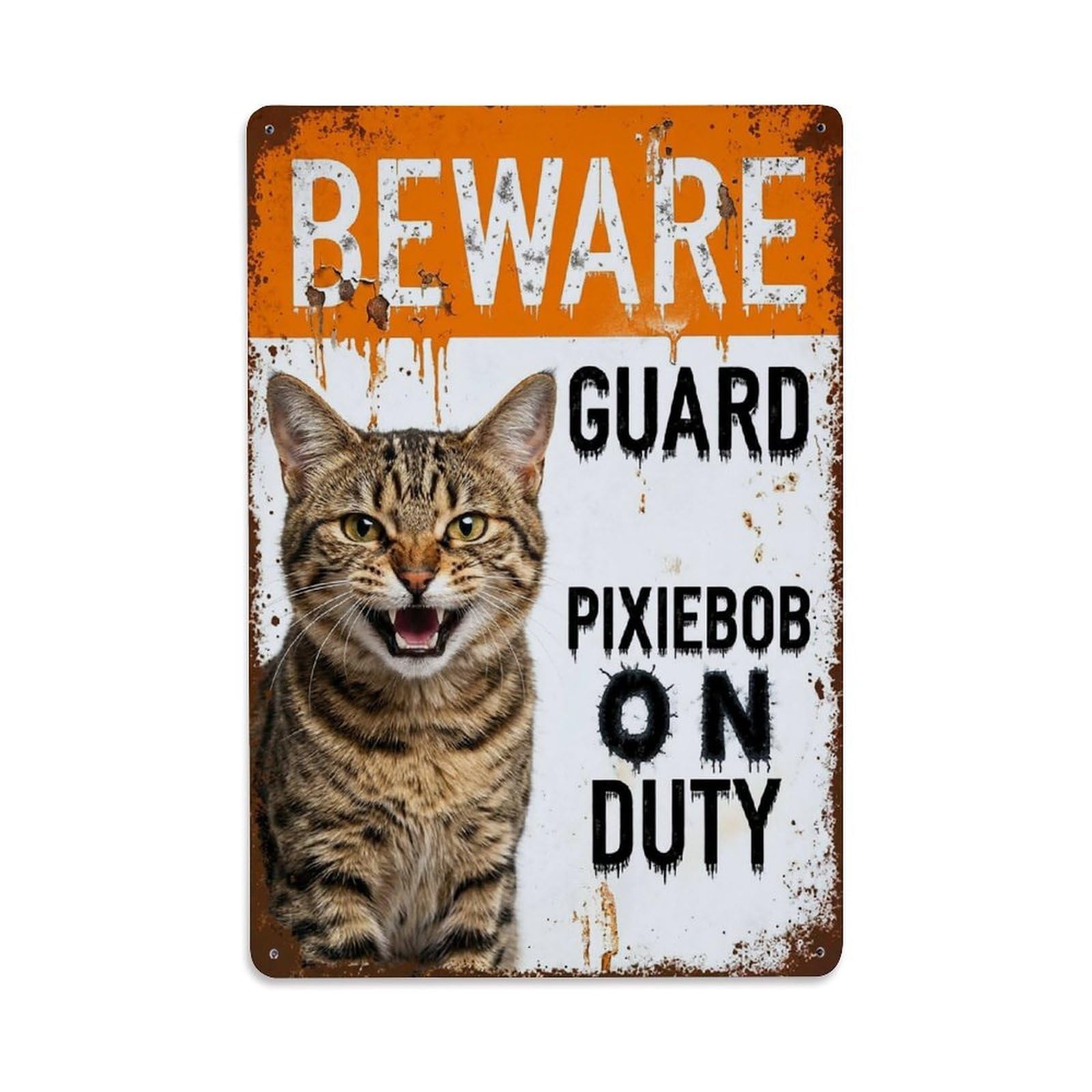 Vintage Funny Pixiebob Guard Beware of Cat Entrance Metal Tin Sign Plaque Wall Decor for Cafe, Club Bar, Office, Garden Metal Poster 8x12Inch