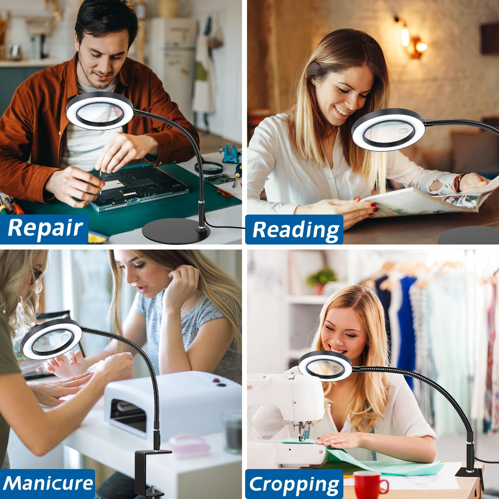NZQXJXZ 10X Large Rechargeable Magnifying Glass With Light And Stand, 50 LED Flexible Gooseneck Magnifying Desk Lamp,11 Inch Page Magnifier For Reading, Sewing, Crafts, Painting, DIY, Close Work