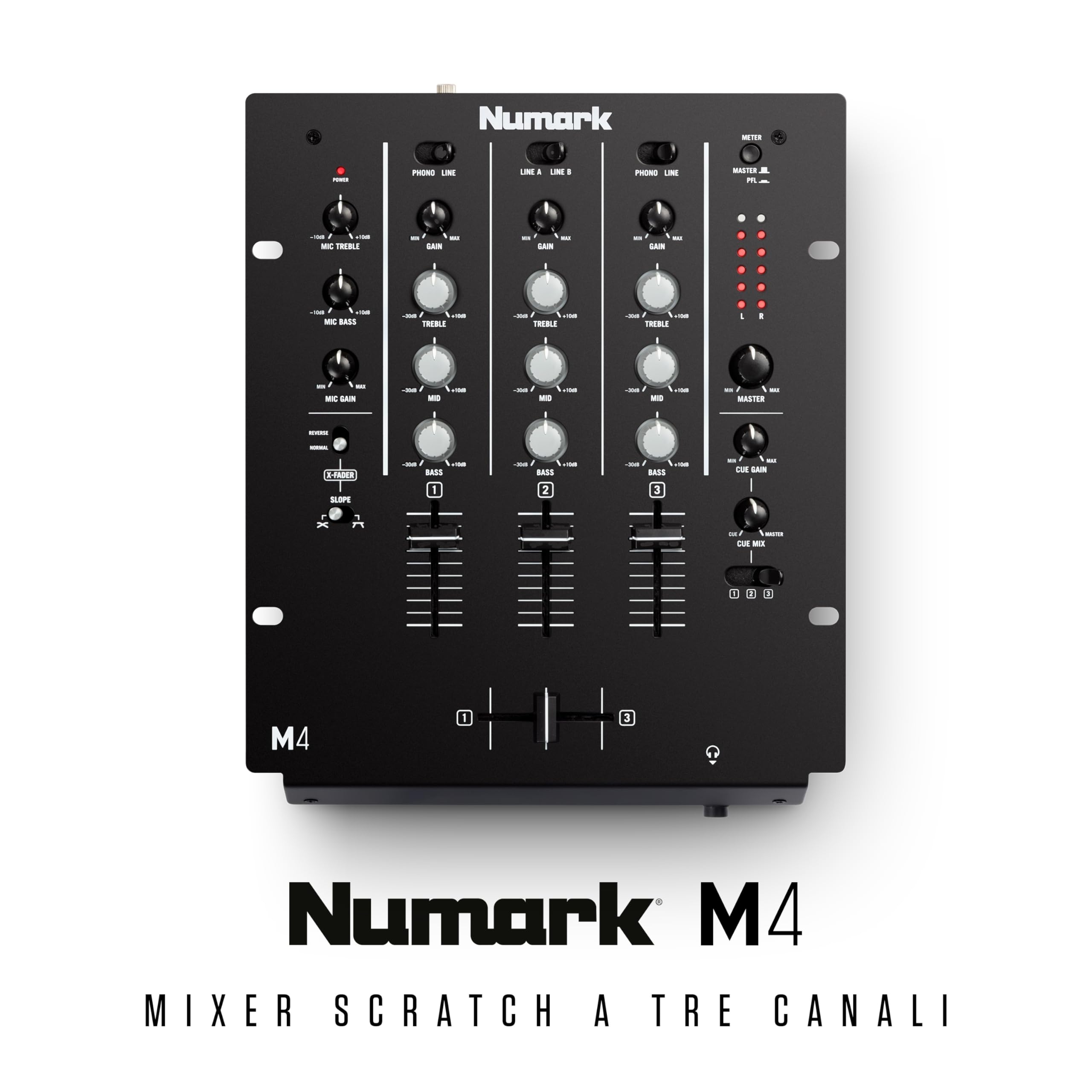 Numark M4 - Mixer Scratch 3 Canali a Rack per DJ con EQ a 3 Bande, Ingresso Microfonico, Crossfader Sostituibile e Controlli Slope e Reverse