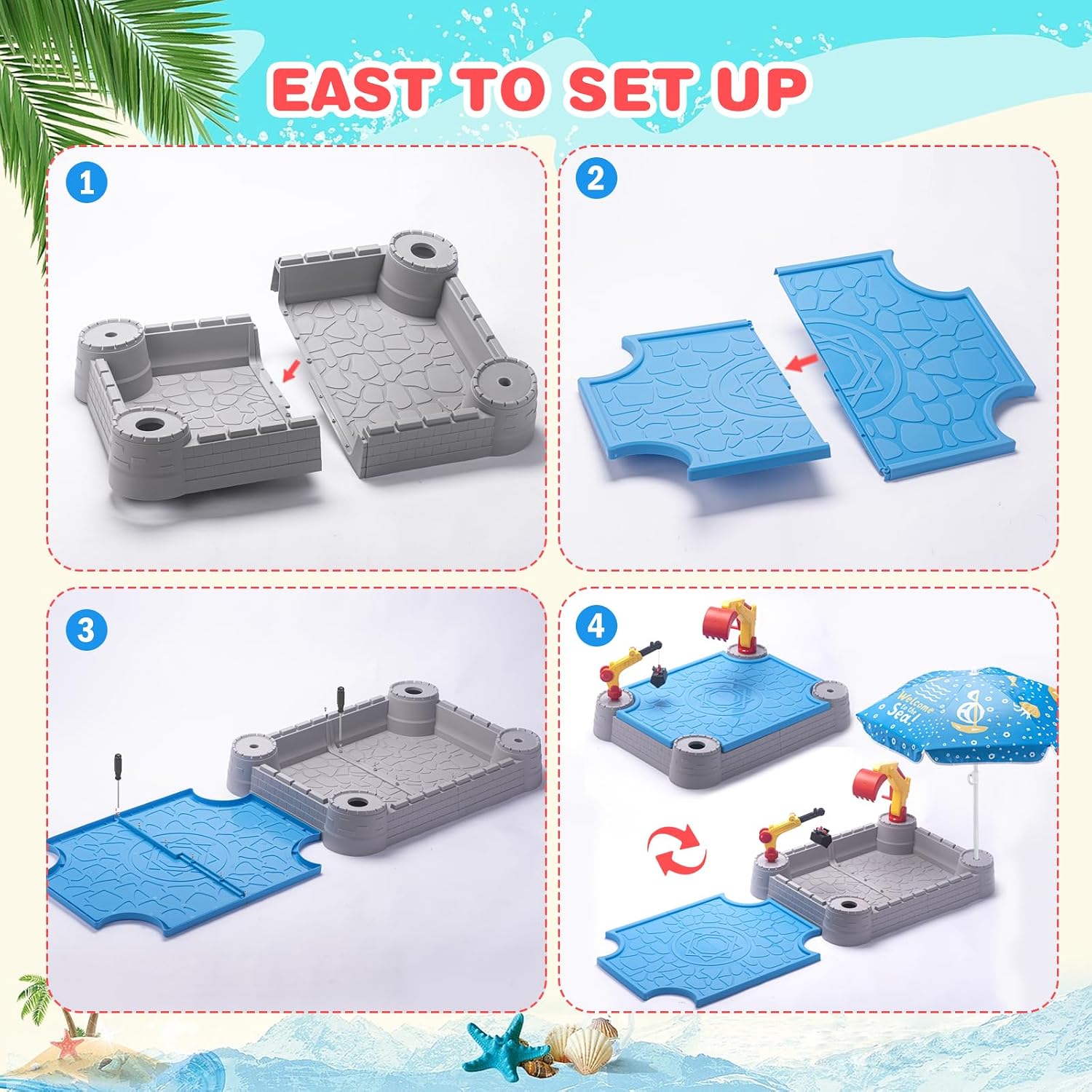 Kids Excavator Sandbox with Umbrella & Cover, Construction Sandbox Set with Beach Toys & Dump Truck, Outdoor Educational Play Set for Toddlers Ages 3-12