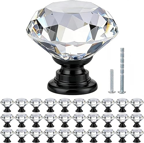 Miniatura 14 de POZEAN Perillas de gabinete de cristal 30 unidades, perillas para cómoda de 1.57 pulgadas para gabinete, cajón con dos tamaños diferentes