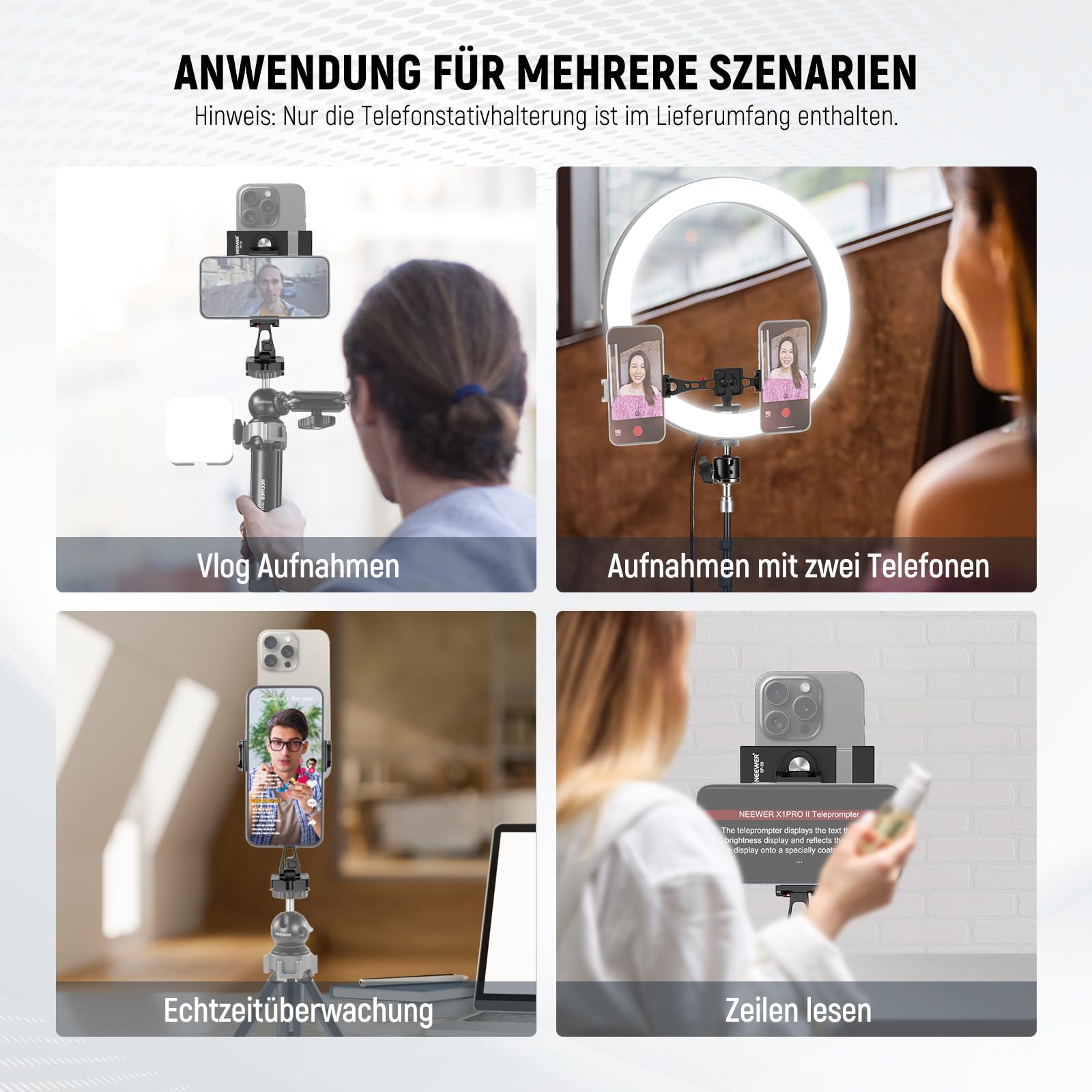 NEEWER Metall Handy Stativ Halterung Adapter mit Arca QR Basis, 360° Drehbar Dual Smartphone Clip Klemmhalterung mit 4 Cold Shoes, kompatibel mit iPhone Samsung, für Vlog Live Video Aufnahme, SP-08