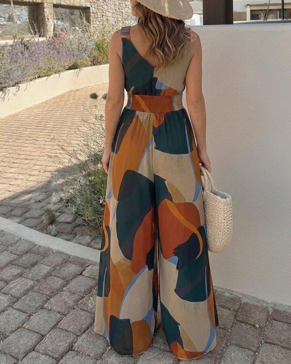 CHICME Women’s Abstract Print V Neck Jumpsuit Wide Leg High Cinched Waist Backless Sleeveless Chic Vacation Beach Romper
