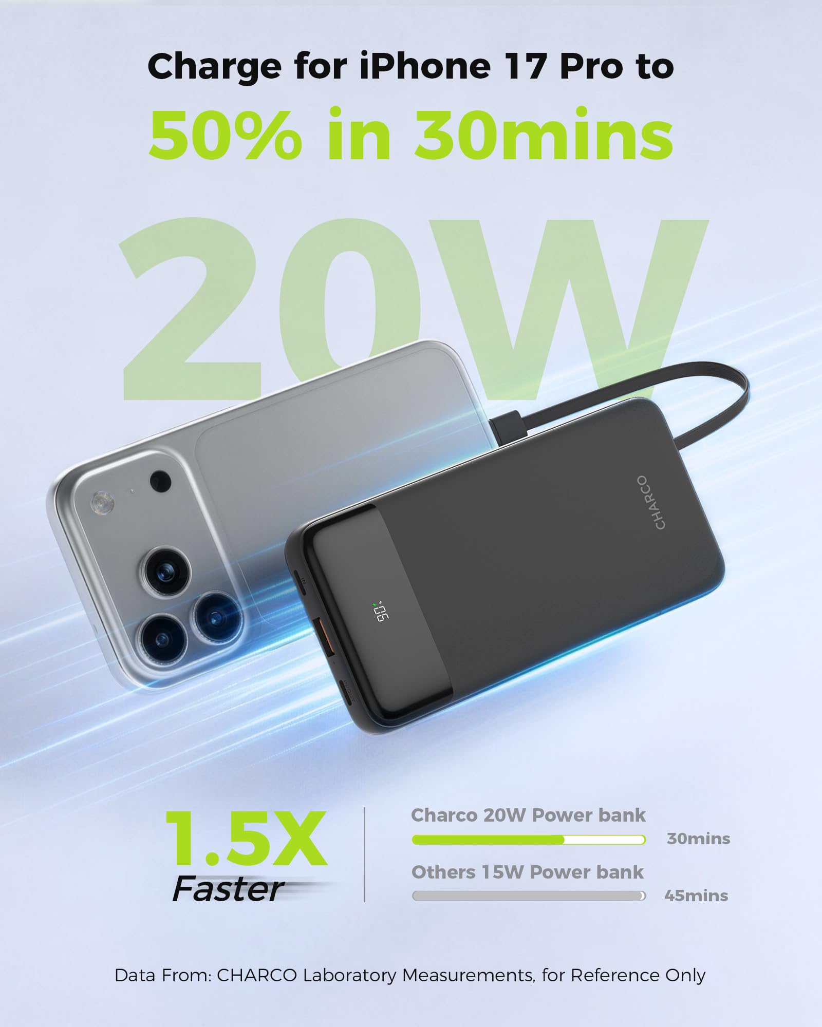 CHARCO Banca portatile di potere del caricatore con costruito nel cavo 10000mAh | Ricarica rapida da 20 W, ultra sottile, dimensioni compatte, essenziali da viaggio per iPhone 17/16/15, Samsung, tablet, nero