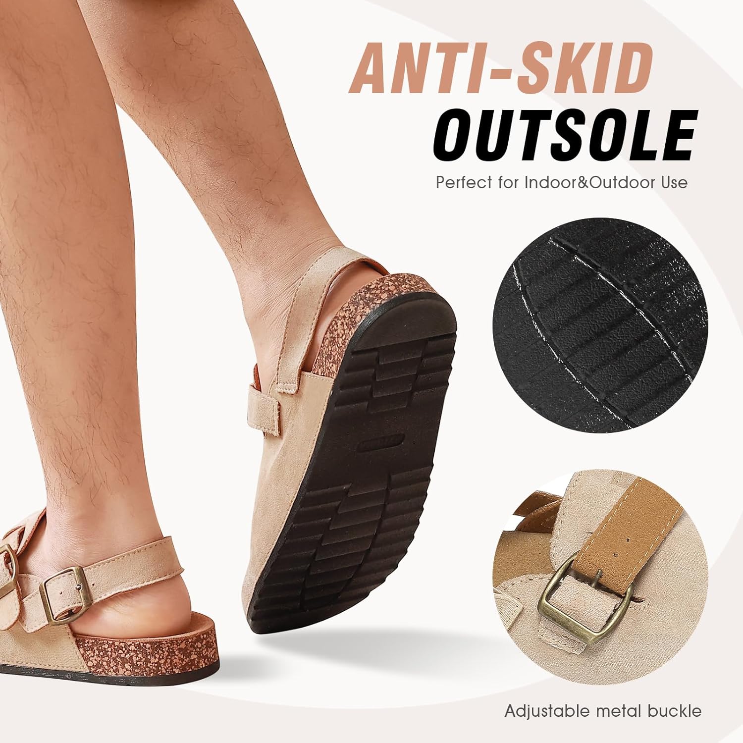 Women's Suede Clogs with Back Strap Men's Cork Footbed Leather Mules Clogs for Women Comfort Memory Foam Slingback Clog Sandals with Adjustable Buckle Slip on Potato Shoes - Image 4