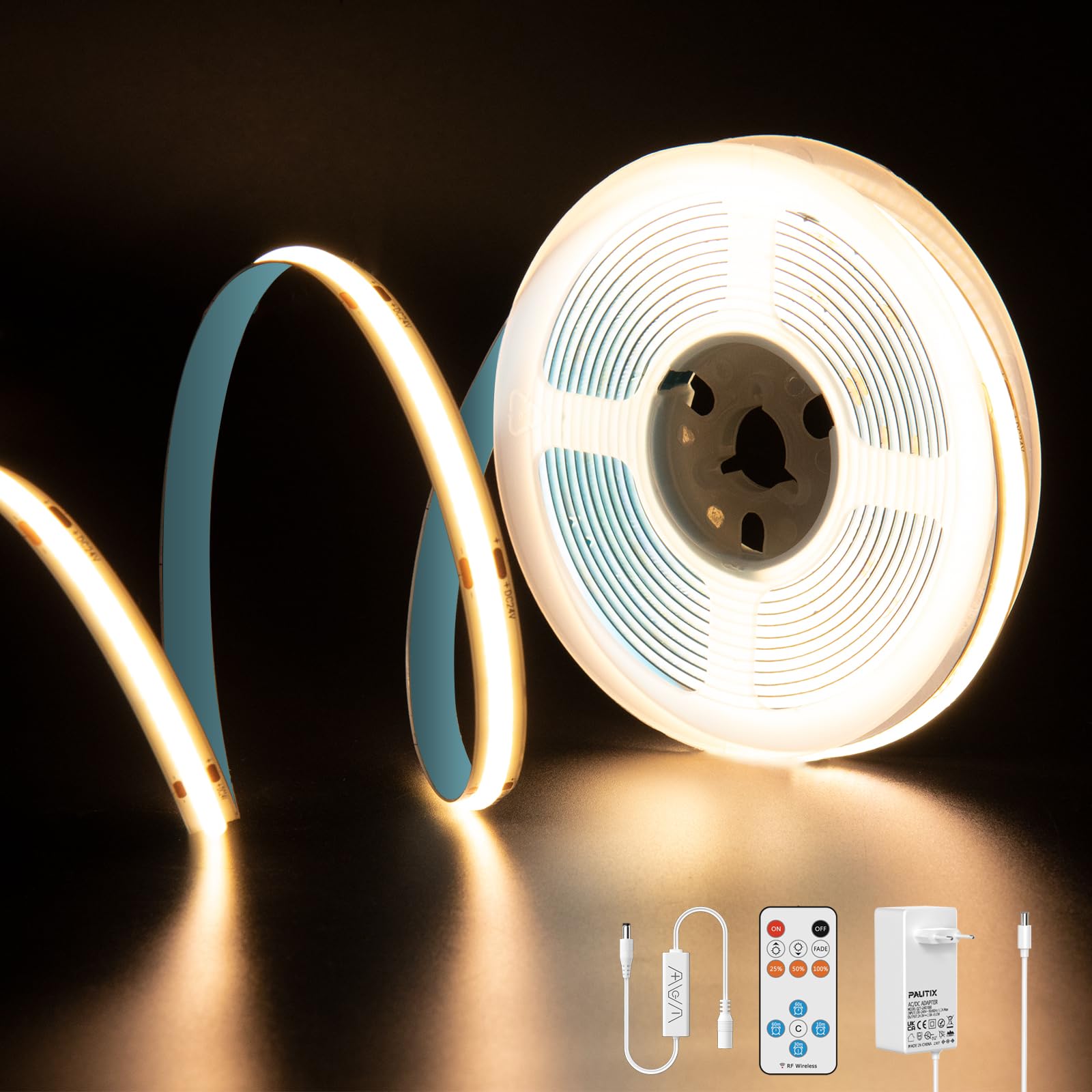 PAUTIX Tira de luces LED COB 3000K blanco cálido, 5m 480LEDs/M kit de tira de luces LED regulables,24V Superbrillante luces de cinta LED con control remoto RF de 18teclas para hogar bricolaje