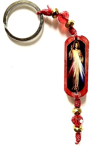 Llavero con dije de madera roja Divina Misericordia Regalo Religioso Llavero Rojo de La Divina Misericordia, Marrón