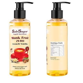 SubSugar French Vanilla Monk Fruit Sweetener No Erythritol Sugar Free Coffee Syrup Alternative Zero Calorie Liquid Drops Keto Friendly 8 oz Pump Bottle