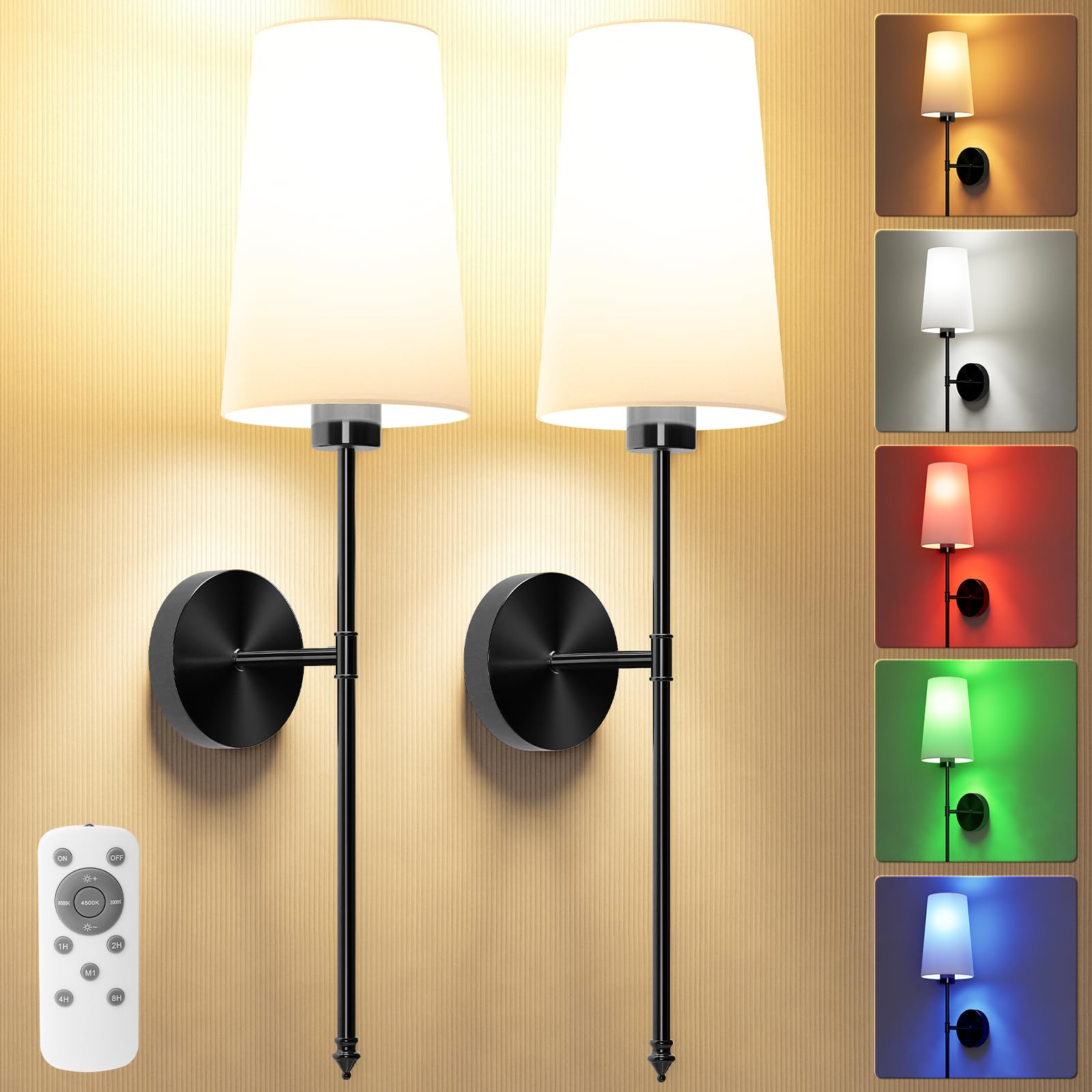 Battery Operated Wall Sconce Set of 2，Black Wireless Wall Sconce with 5200mAh Dimmable Detachable Bulbs and Remote, 10 Colors Rechargeable Sconces Decor for Bedroom Living Room Hallway