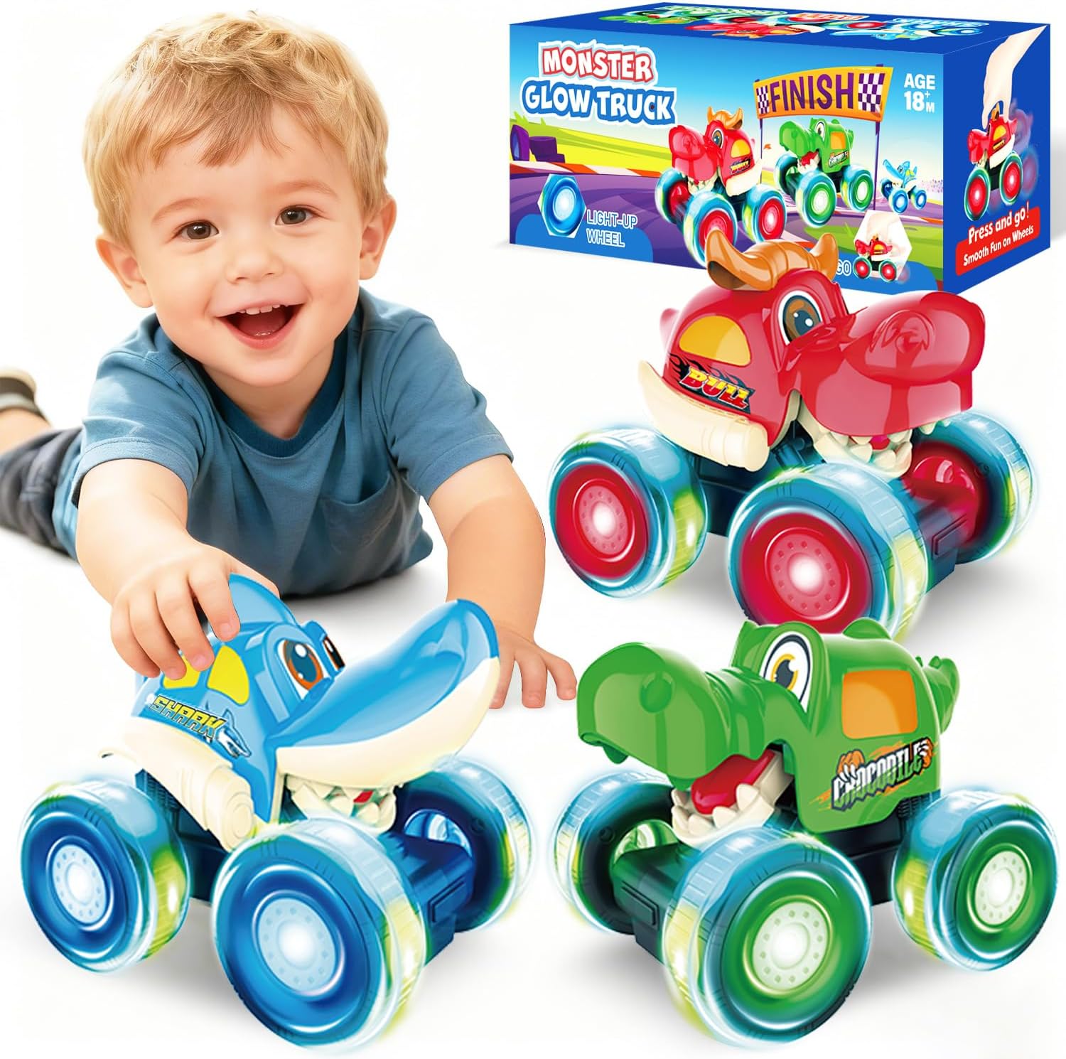 BOLZRA Camión monstruo, autos de juguete para niños pequeños de 1 a 3 años con Bull Shark Crocodile Glow Rover Wheels Press and Go Cars Monster
