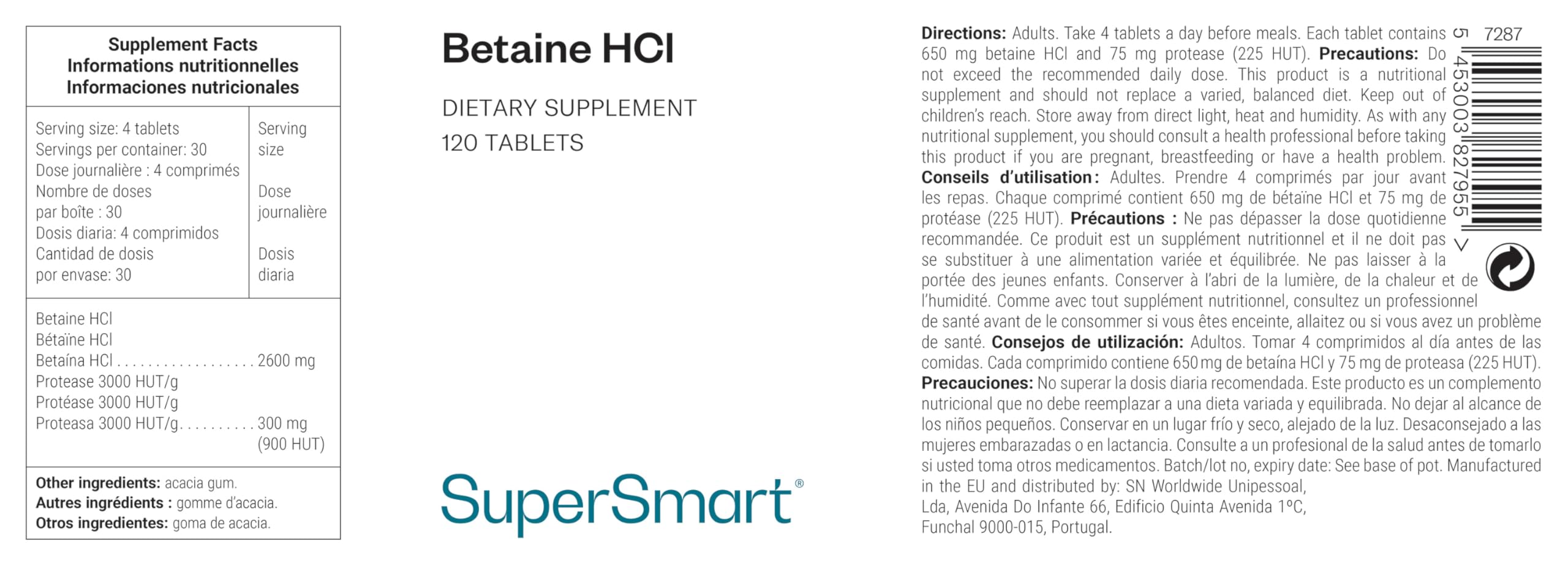 Betaine HCI - Aide à la Digestion, à l’Absorption des Nutriments, à la Détoxication et à la Baisse d’Acidité Gastrique - Acidifiant Gastrique Naturel - Vegan - SuperSmart