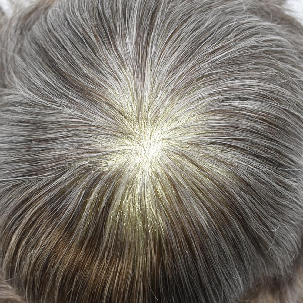 Toupee For Men PAPY Mens Toupee Hairpiece European Remy Human Hair Replacement System For Men 0.1-0.12MM PU Hair Piece For Men Protesis Capilar Para Hombre8X10 #350 #3 Dark Brown+50% Grey-110% Density