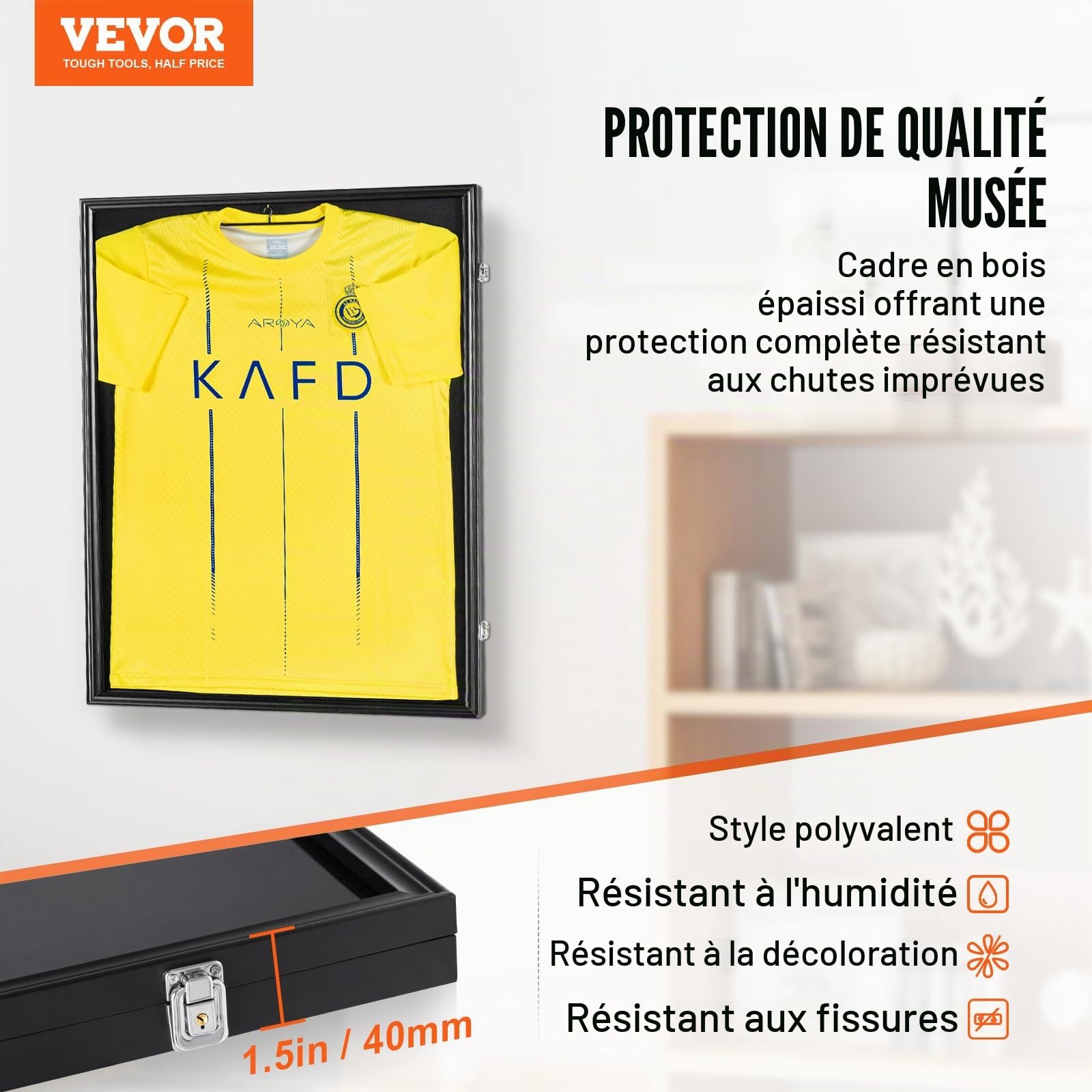 VEVOR Présentoir pour Maillot de Sport, 610x812x40 mm, boîte à Ombre verrouillable de Jersey, Protection UV 98% en Verre PC, cintres, pour Chemise, Uniforme de Baseball, Basket-Ball, Football, Hockey
