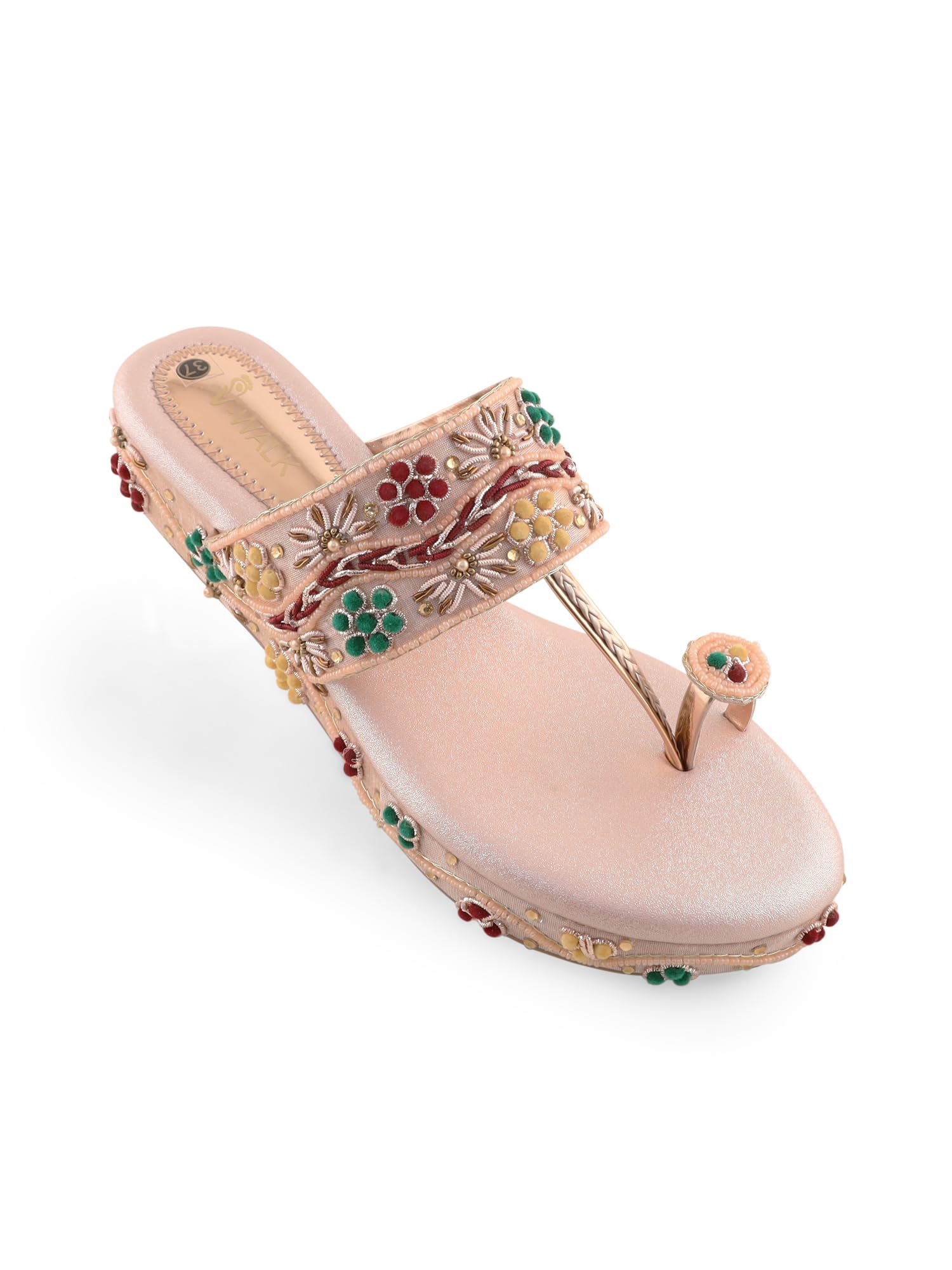 V-WALK Womens Toe-Ring Embroidered Ethnic & Fashion Flatform Heel Slip-on Sandals | Wedding, Party, Ethnic, Festive Occasions Sandals for Women | Heel Height: 1.5 Inches | Champagne (B0D465BN79) Amazon Price History, Amazon Price Tracker