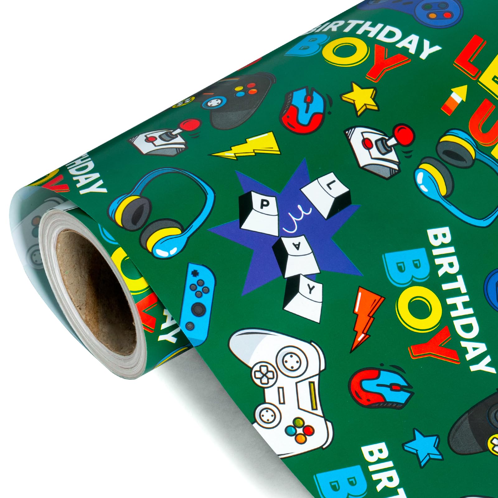 WRAPAHOLIC Gaming Wrapping Paper Roll - Mini Roll - 17 Inch x 33 Feet - Green Gaming Boys Kids Happy Birthday Wrapping Paper for Boys Kids Birthday,