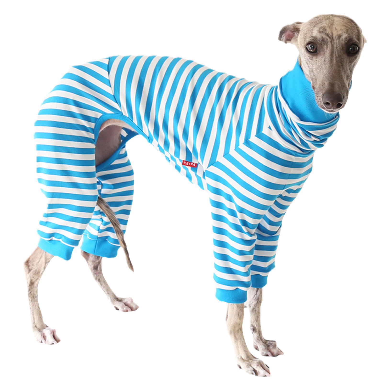Greyhound Stripe Pajamas,Whippet Cottom Turtleneck Onesies Pullover,Slim Dog 4-Leg Loungewear Base-Layers for Greyhound Lurcher_L(Blue)