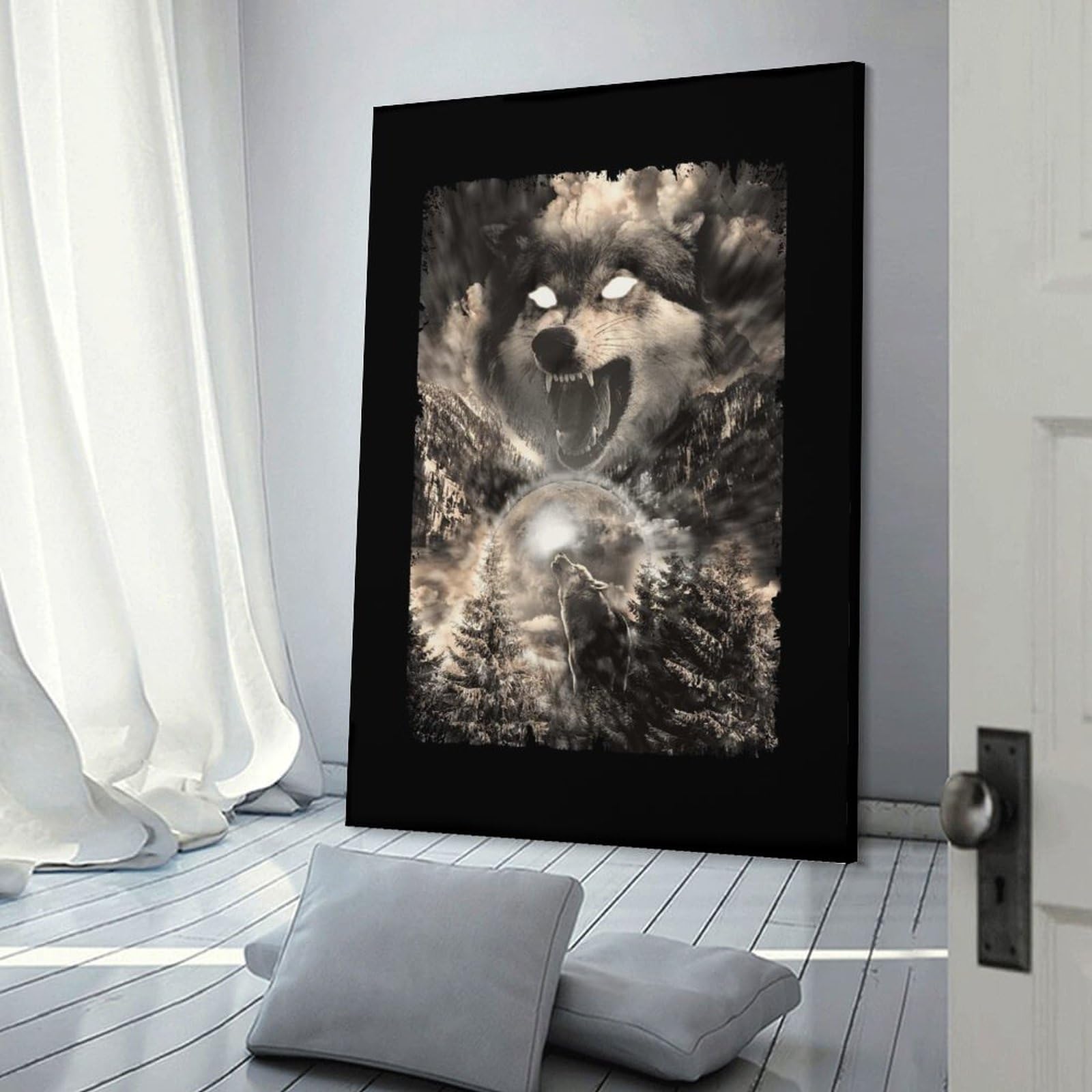 Junmoney Canvas Wall Picture Howling Wolf Moon Mountain, 20x30inch(50x75cm), for Home Lounge, Bedroom Or Reading Nook, A Home Accent with Warm Character