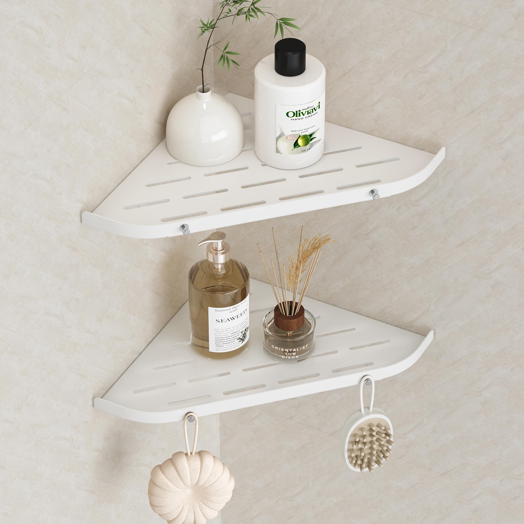 Neodrain 2 estantes de ducha esquineros de acero inoxidable sin taladrar, color blanco, con ganchos para el baño, soporte para champú, 2 unidades
