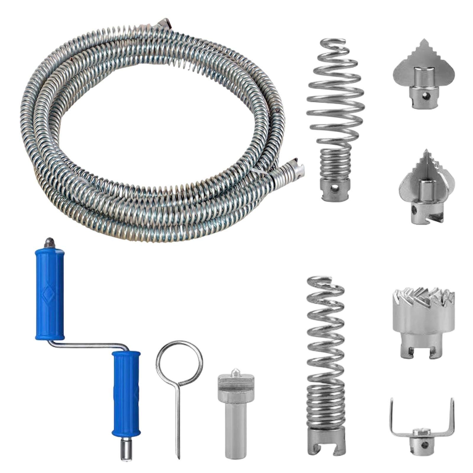 Stura Lavandini e Scarichi 5M, Sonda Sturatubi 12mm con 6 Testine, Spirale Flessibile per WC Tubi Scarico, Molla Sturatubi Acciaio con Adattatore Trapano Manuale/Elettrico