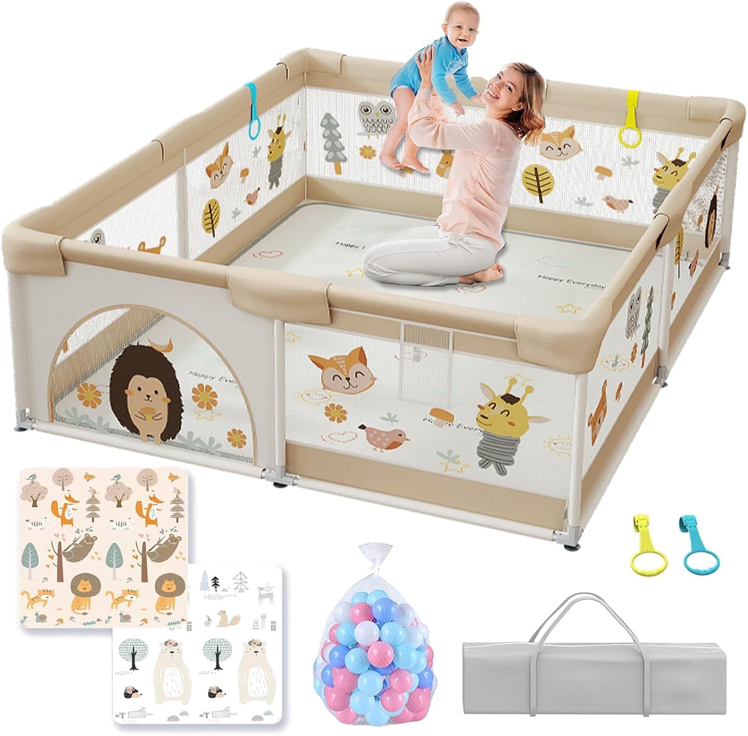 LIODUX 180 x 200CM Baby Playpen with Mat - Baby and Toddler Fence, Baby Fence Play Area, Children's Playground, Portable Children's Activity Centre, Non-Slip Suction Cups and Soft, Breathable (Khaki)