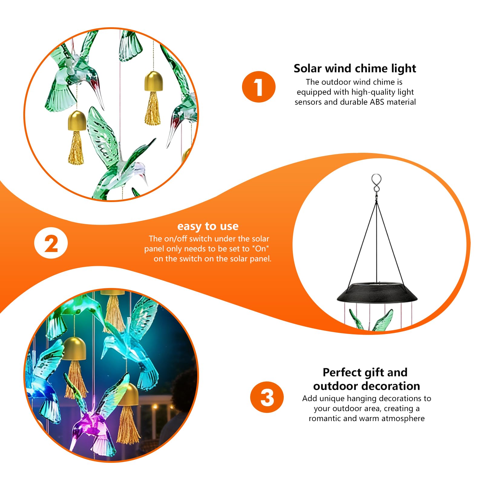 Scacciapensieri da giardino a LED solare, in metallo, per esterni, da appendere, set da 2 campanelli a vento a energia solare, da giardino, con design a colibrì, cambia colore, impermeabile, per