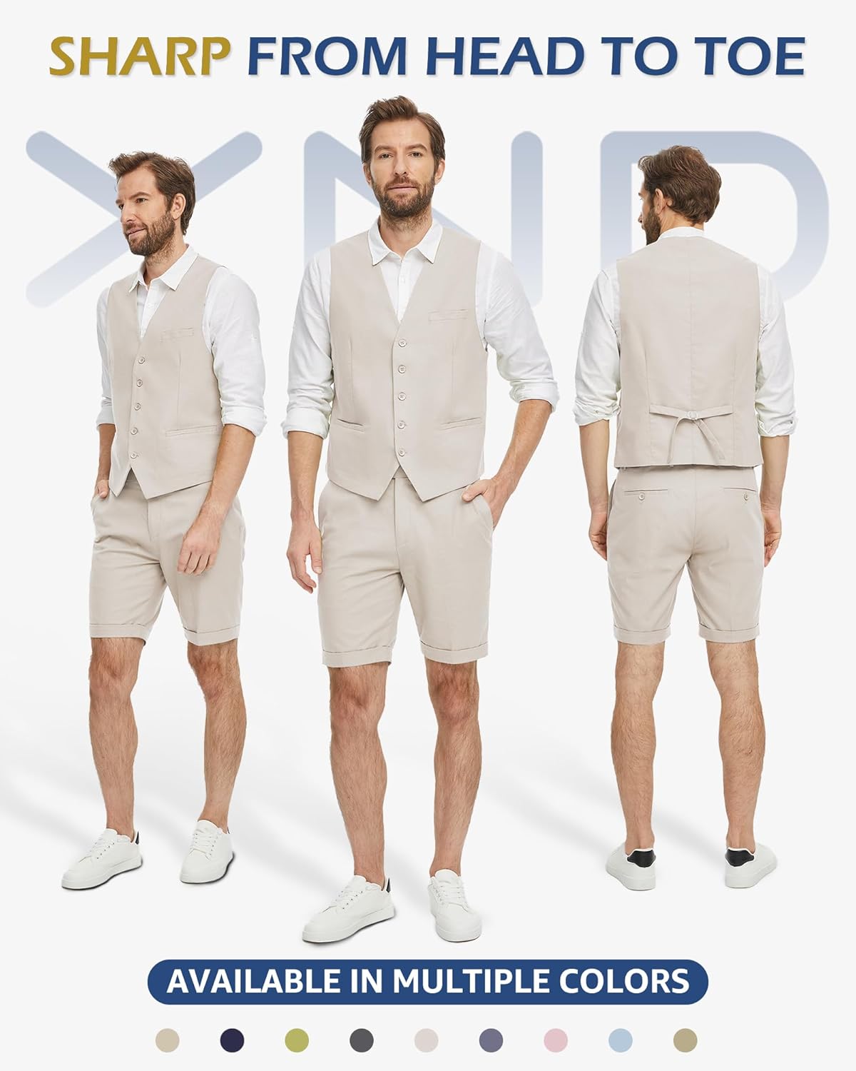 YND 2-Piece Men’s Linen Waistcoat Shorts, Lightweight Vest Pants, Casual Wedding Beach Summer Prom Homecoming Outfit X-Small Light Beige