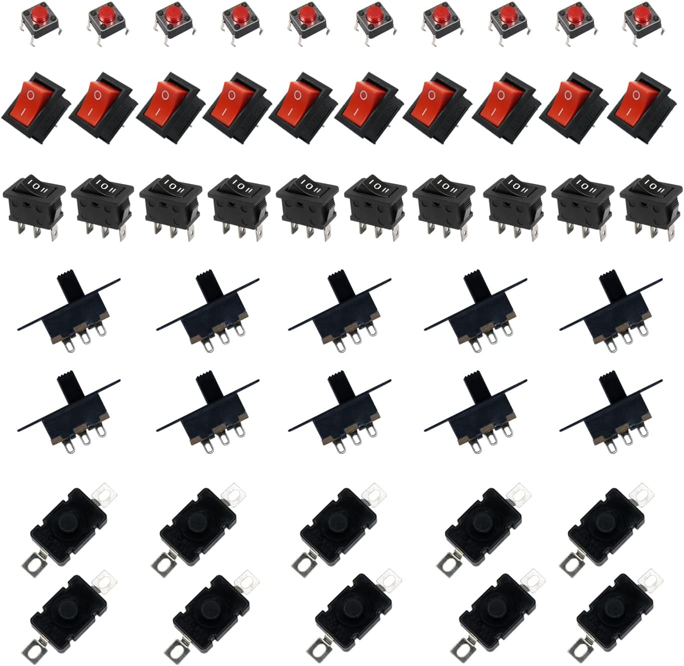 Electronic Spices Combo Of Switches 5types Switches Rocker, Push, Toggle, Slide switches for School & Collages Projects, Experiments, Drone, (5 Type 10pcs Each)