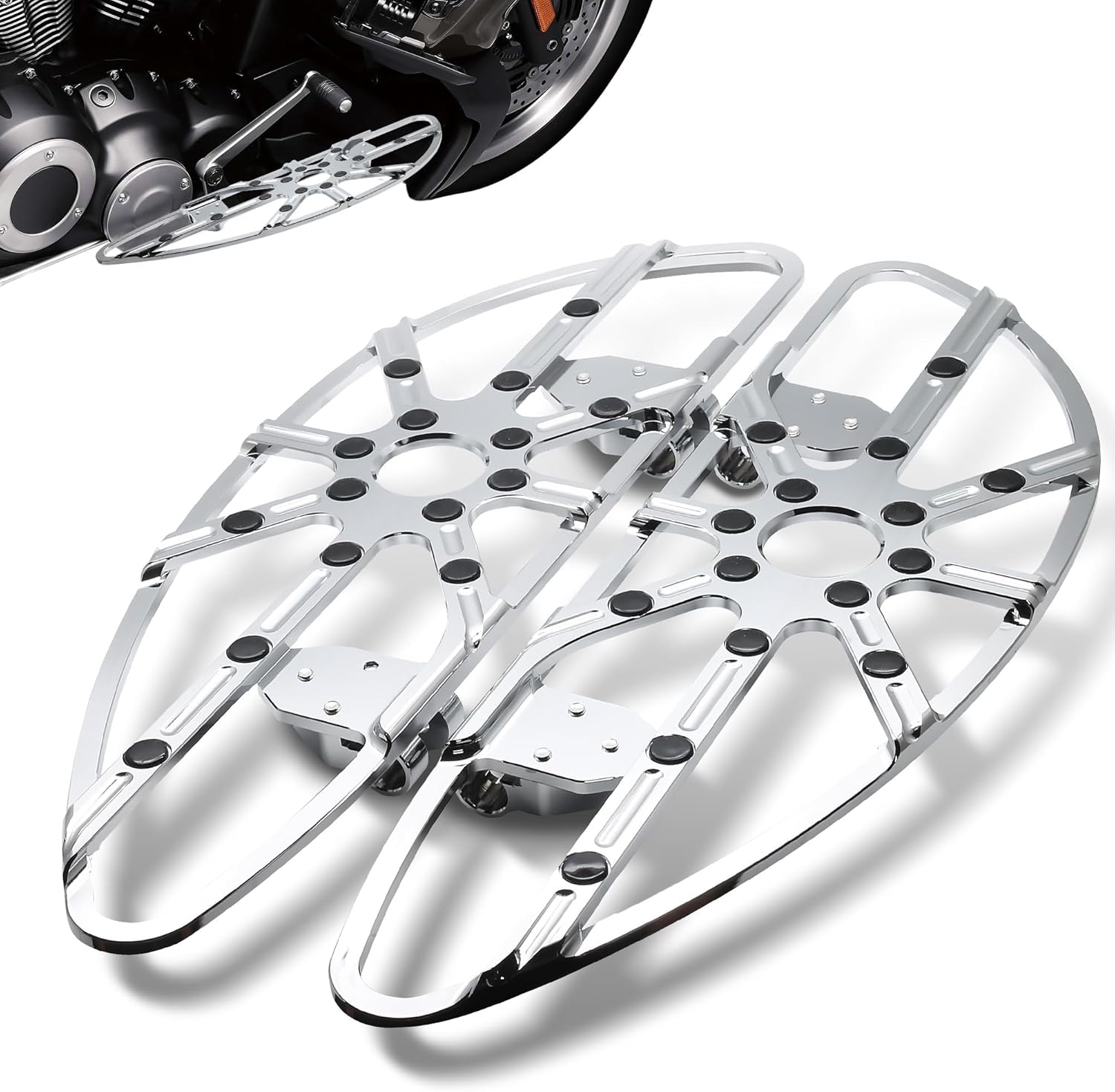 MZS Motorcycle Floorboards Driver, Touring Footboards Rider Front Foot Pegs Skeleton Stretched Chrome Compatible with Road Glide Electra Street Glide Softail Road King Ultra Limited Trike FLD