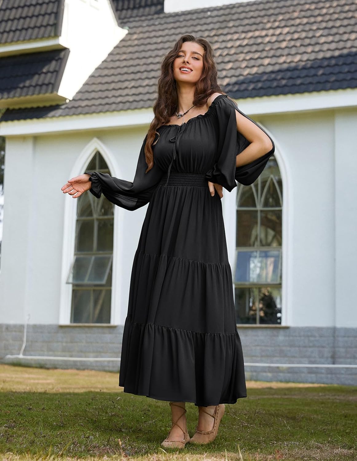 Scarlet Darkness Women Renaissance Off Shoulder Split Sleeve Smocked Waist Tiered Maxi Dress - Image 9