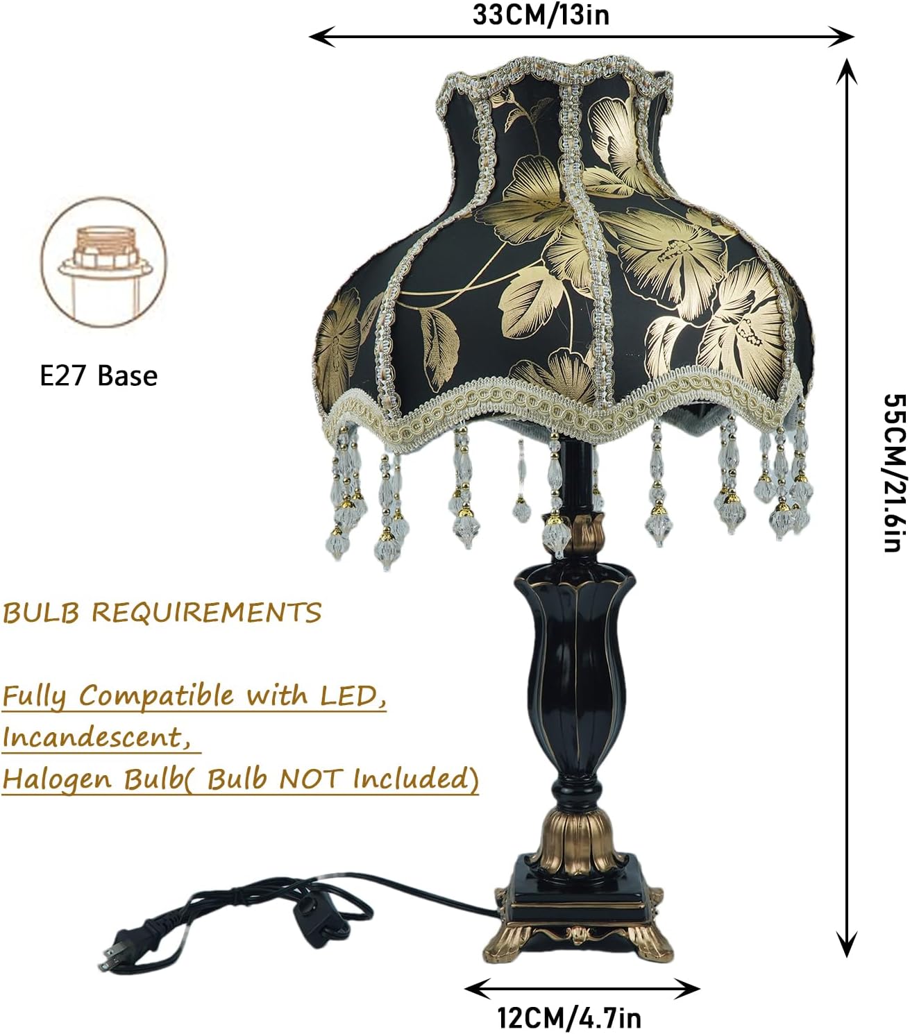 European Style Table Lamps Handmade Fabric Lampshade Victorian 22 Inch Desk Lamp Antique Painted Resin Base Bedside Light for Bedroom Living Room Office,Black1