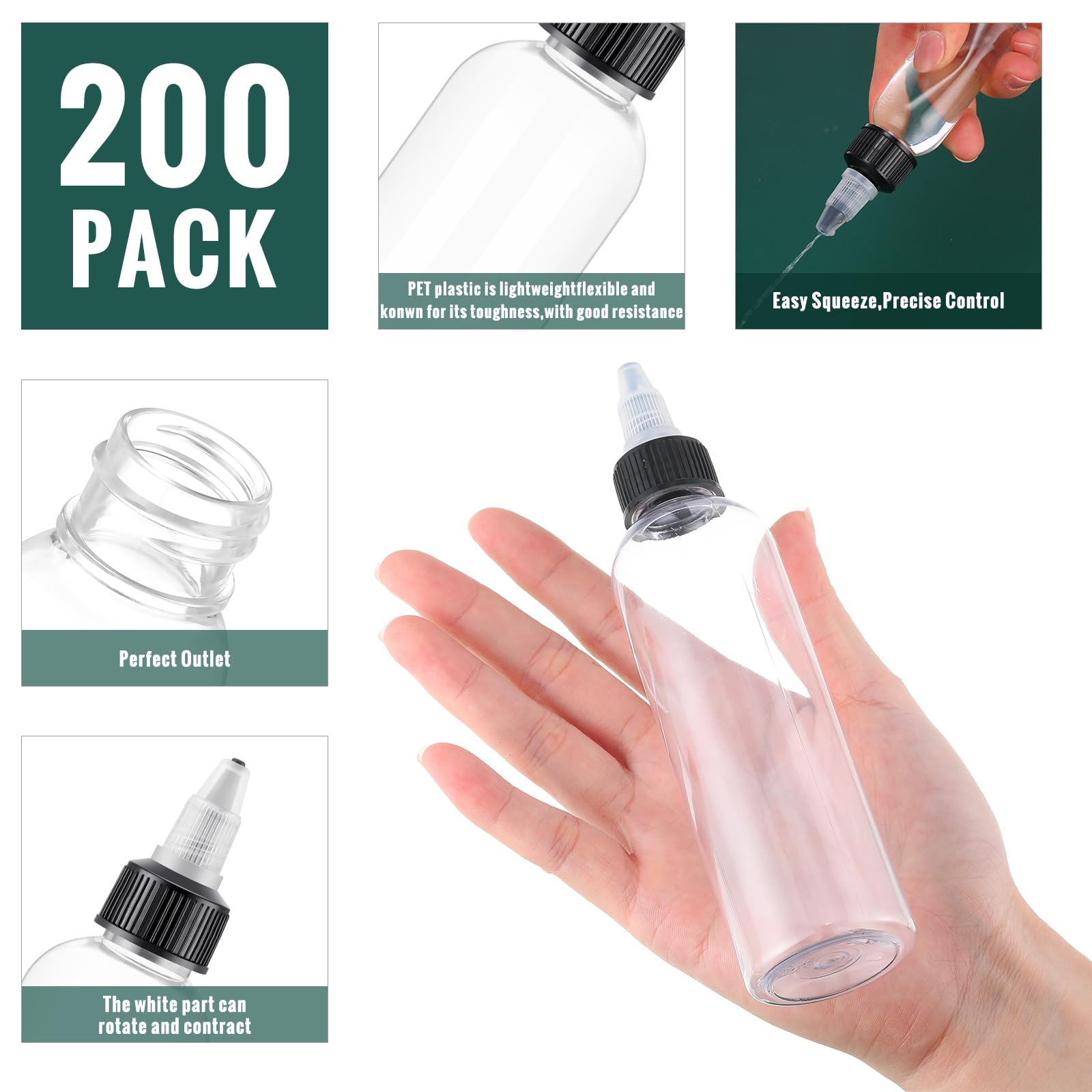 Irenare 4 oz PET Plastic Squeeze Bottles with Twist Cap