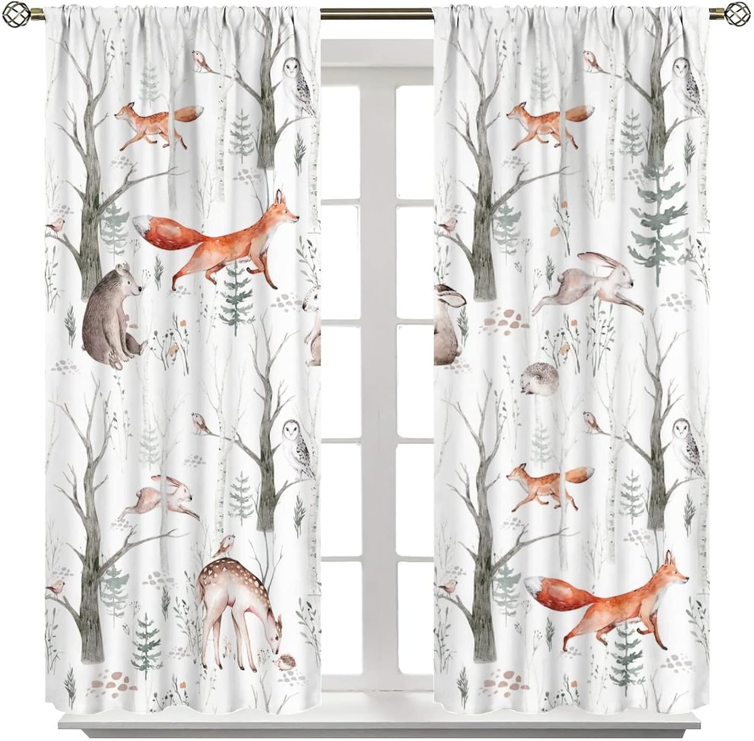Rustic Forest Animal Curtains,Cartoon Wildlife Woodland Deer Bear Rabbit Fox Watercolor Jungle Curtains for Child Nursery Baby Boy Girl Bedroom Living Room Window Drapes 2 Panel Set 63" x 63"