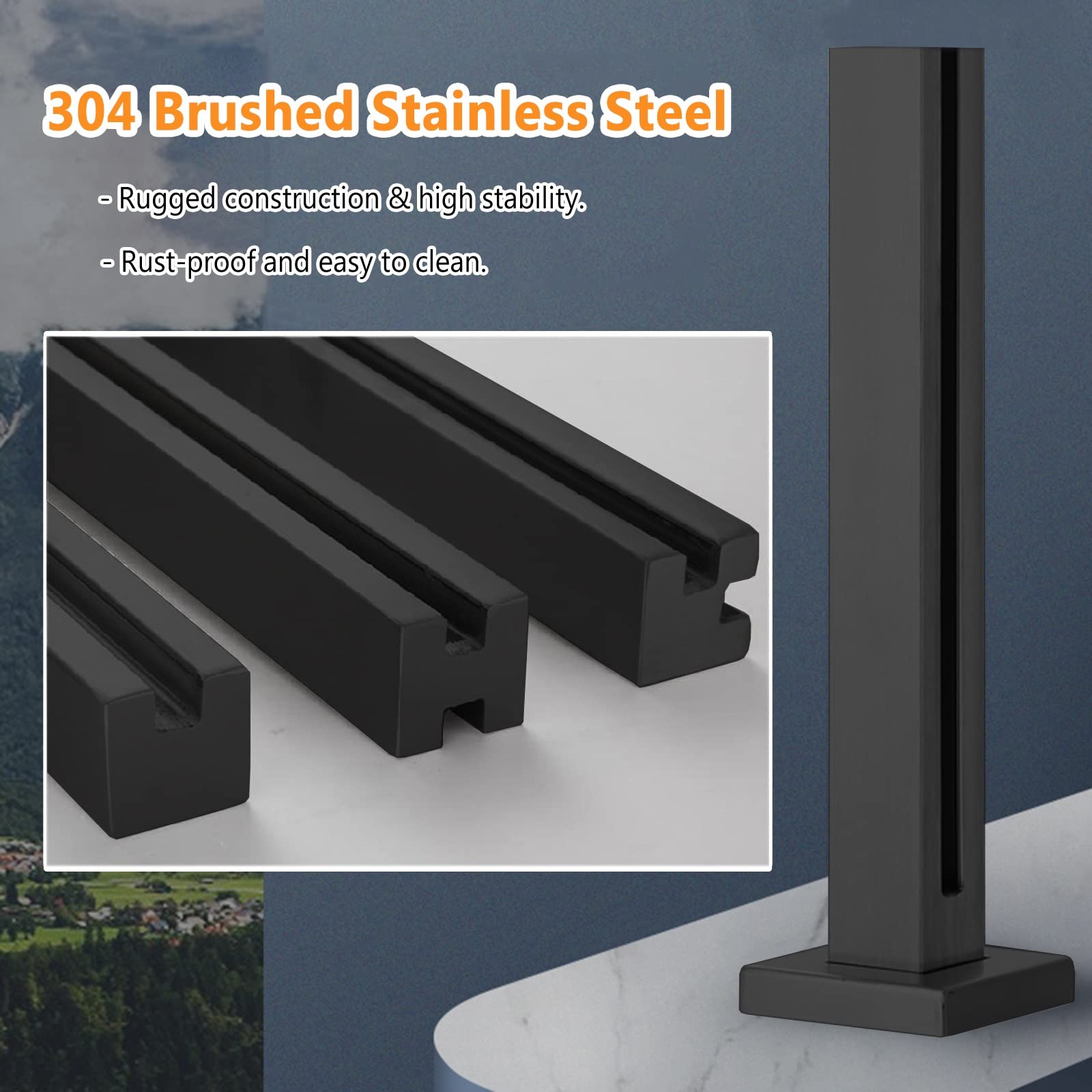 Abrazadera de poste de balaustrada cuadrada negra resistente para barandilla de valla de 33 pulgadas de altura con ranuras, sistema de balaustre de acero inoxidable, ideal para soporte de paneles y