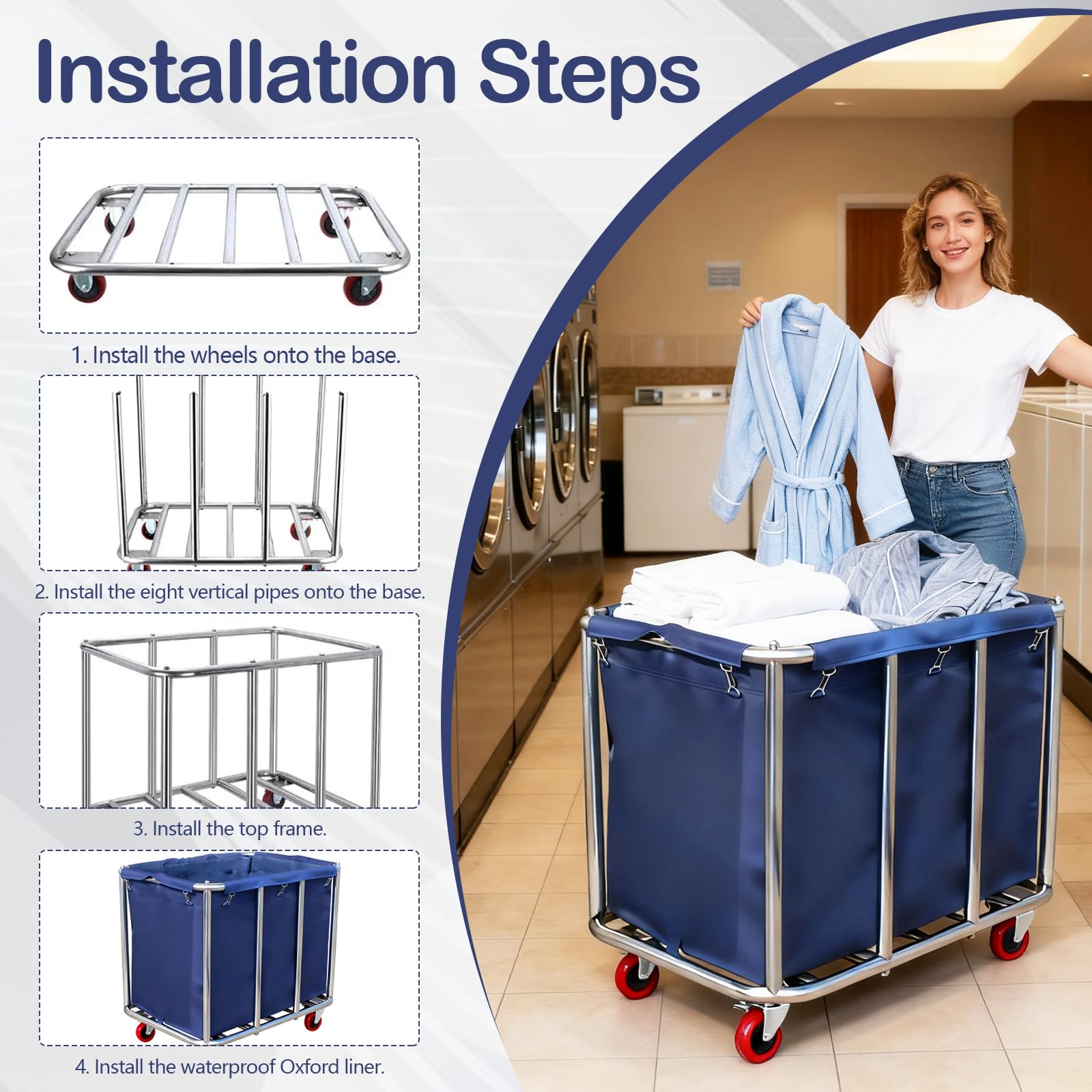 Carrito Lavandería, Cesto Ropa Acero Inoxidable Con Ruedas Clasificador Ropa Comercial Impermeable Inoxidable Extraíble Cestos Ropa Grandes Para Hogar Hotel Y Lavandería Capacidad 120Kg 90X65X81cm