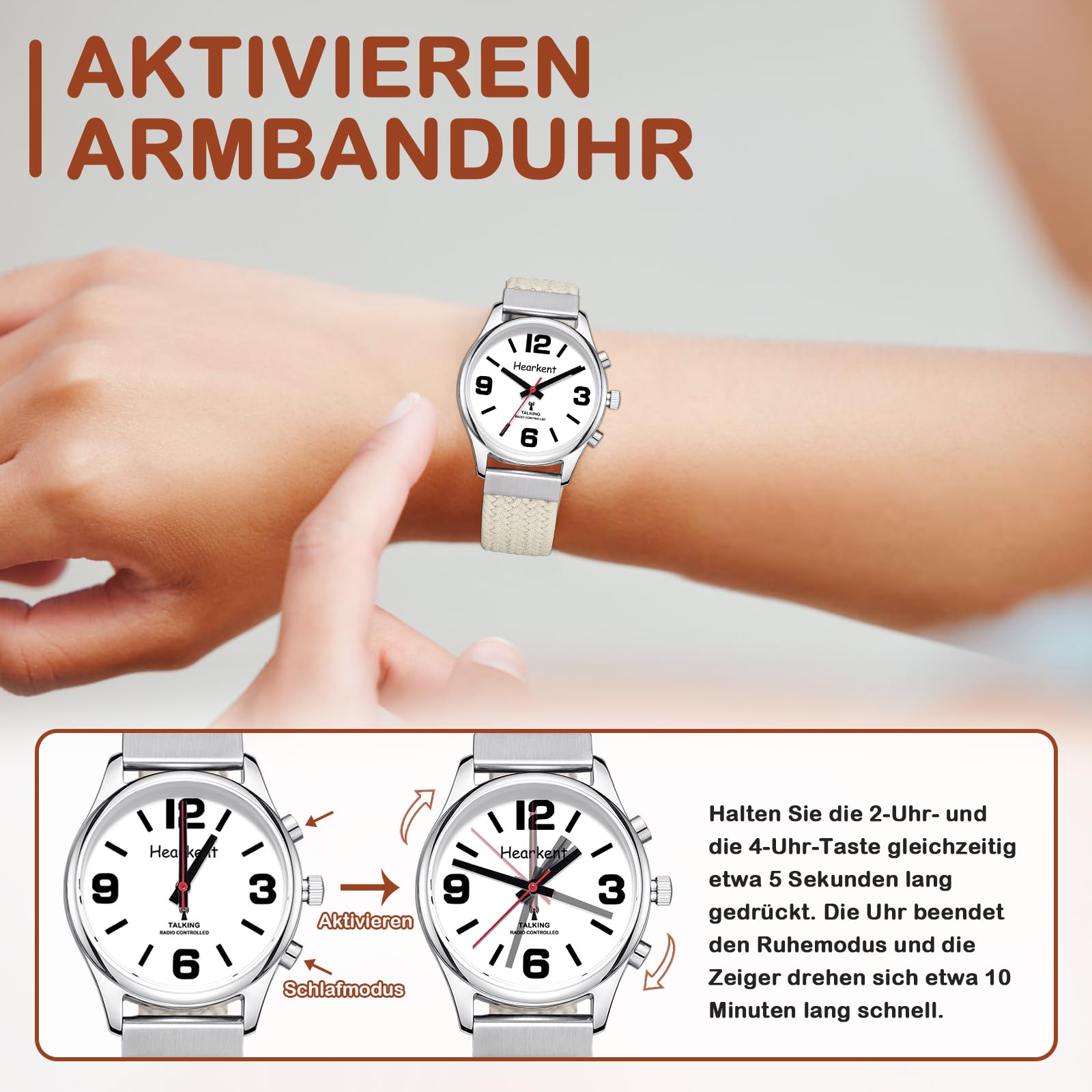 Hearkent Orologio da donna in lingua tedesca con numeri grandi, regolazione automatica per ipovedenti, ciechi o anziani