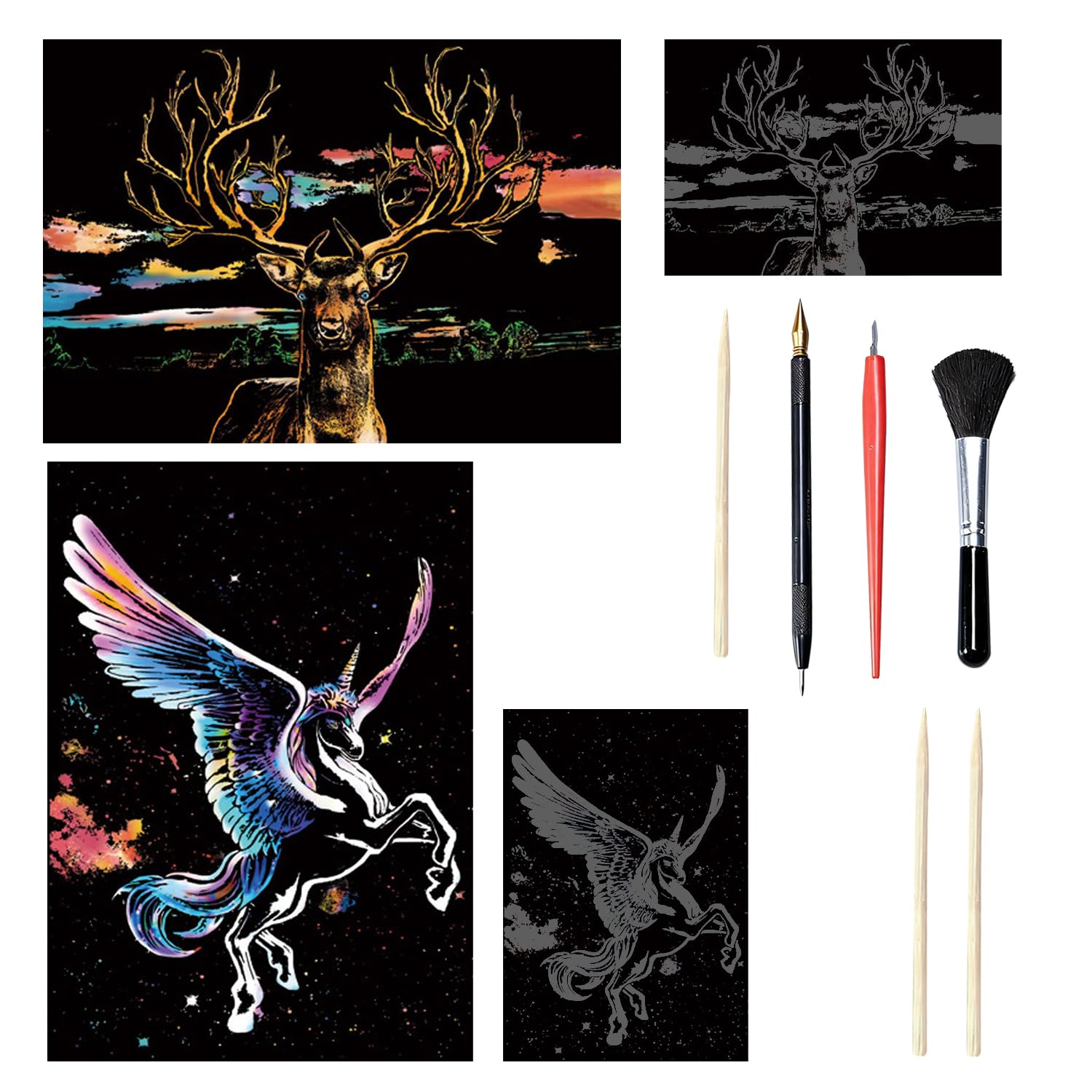 HIVTE 2 Pcs Scratch Art for Adults & Kids, DIY Animal Series Foil Engraving Crafts with Tools (A3-Unicorn & Deer)