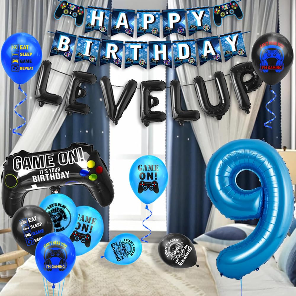 Aurasky Videospelballon voor 9e Verjaardag, Blauw, Jongensspel, Ballonnen Zwart, Nummer 9 Folieballon, Kinderen, Feestdecoratie (AS-BA230717