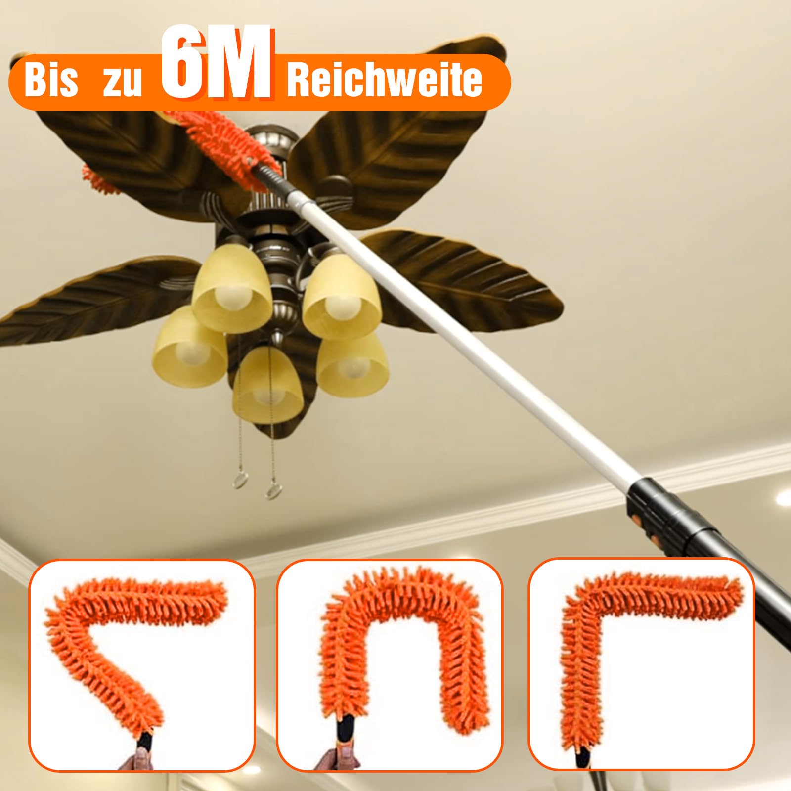 LAANPOLE 6M Staubwedel Teleskop Waschbar, Spinnwebenbesen mit Teleskopstiel, Fensterabzieher zum Reinigen von Decken, Lücken, Deckenventilatoren