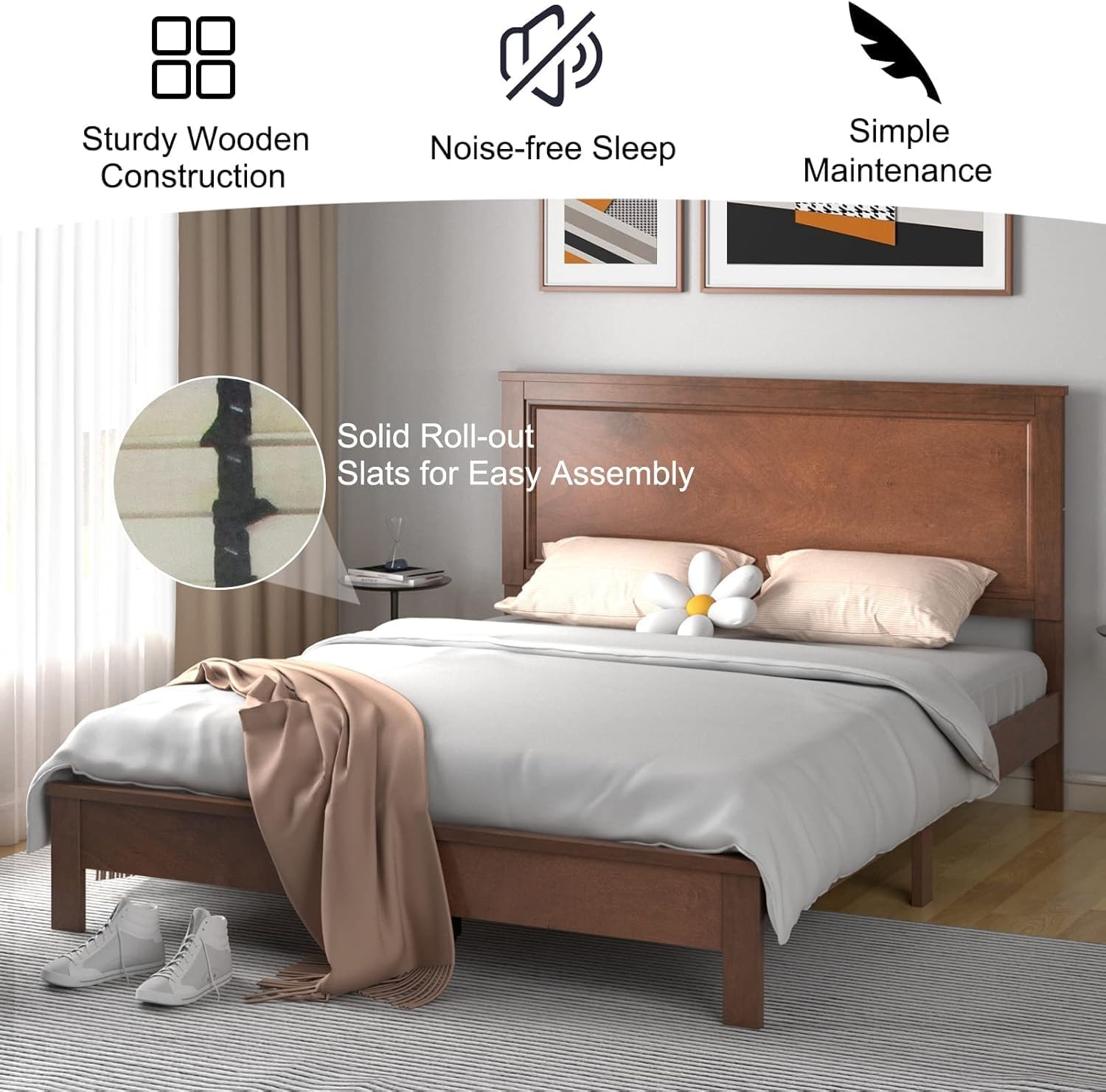 KOMFOTT Queen Size Wood Platform Bed Frame with Headboard, Wooden Mid Century Platform Bed with Slat Support & Under Bed Storage, Mattress Foundation Bed Base, No Box Spring Needed, Walnut
