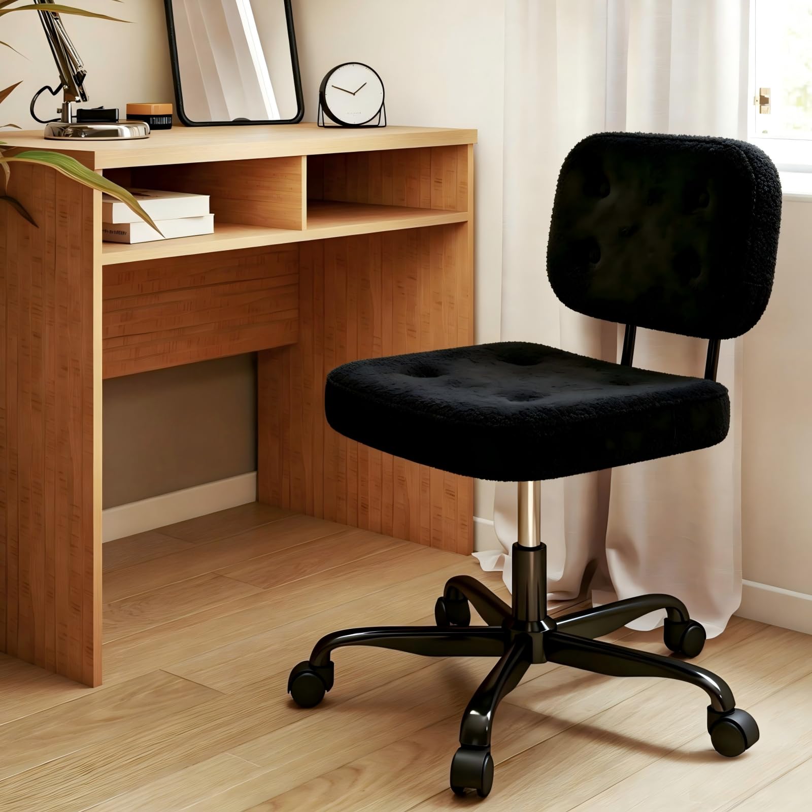 AnyGod Chaise de Bureau sans Accoudoirs en Polaire Teddy, Siège Pivotant Ergonomique Réglable en Hauteur avec roulettes, Petit Fauteuil pour Coiffeuse et Espaces Réduits, Noir