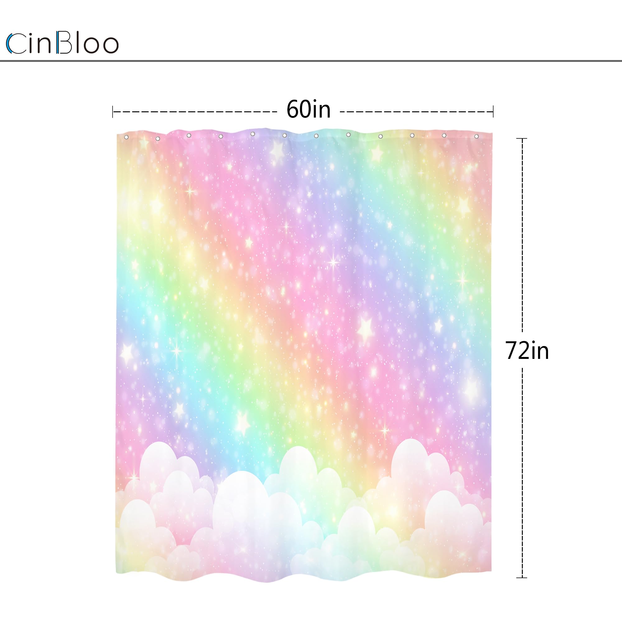 Cortina de ducha infantil arcoíris de 60 pulgadas de ancho x 72 pulgadas de alto, diseño de dibujos animados pastel con nubes y estrellas, juego de cortinas de baño estéticas, de tela,