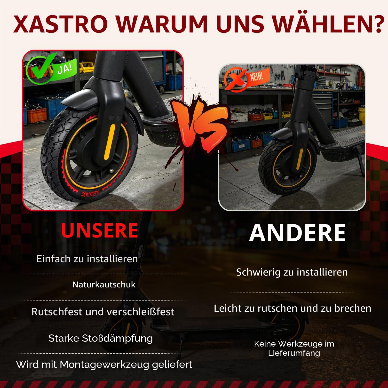 Xastro 2 PCS 10x2,50 E-Scooter Reifen 60/70-6.5 10x2.50 Vollgummi Geländereifen 10x2,5-6,5 Pannensichere Vollgummireifen Reifen Tubeless für G30/G30D/G30E/G30LP/G30D 2 und 5/5 Pro/5 Max (Rot)