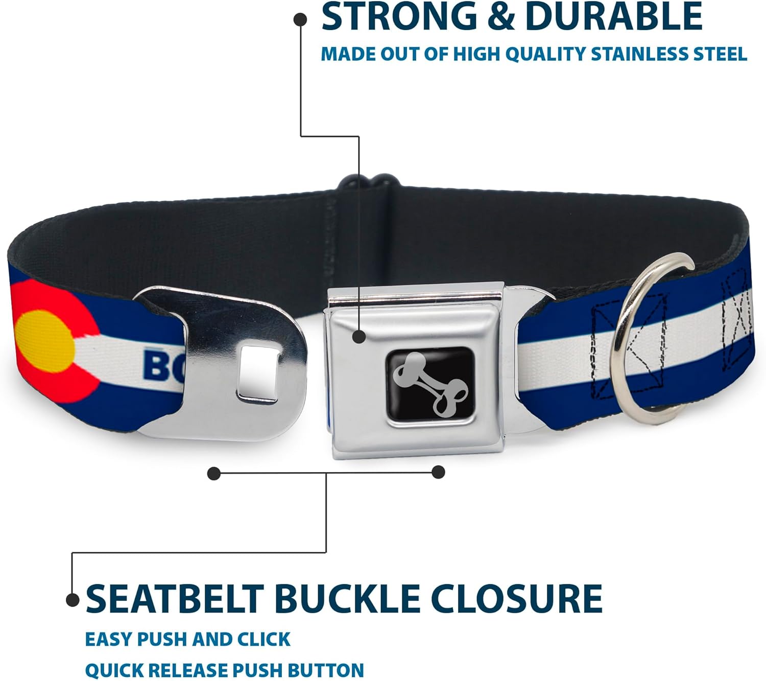 Dog Collar Seatbelt Buckle Colorado Boulder Flag Blue White Red Yellow 9 to 15 Inches 1.0 Inch Wide
