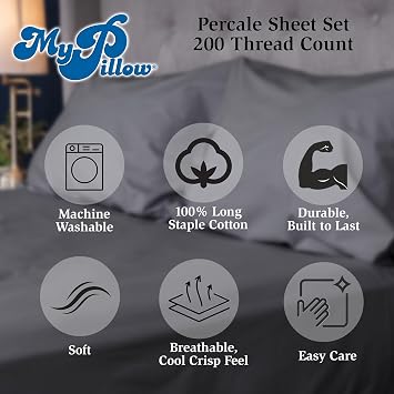MyPillow Percale Bed Sheets 100% Cotton, 200 Thread Count, King, Deep Pocket, Cool & Crisp Feel, Durable, Breathable Sheet Set with Pillowcases King, Lilac