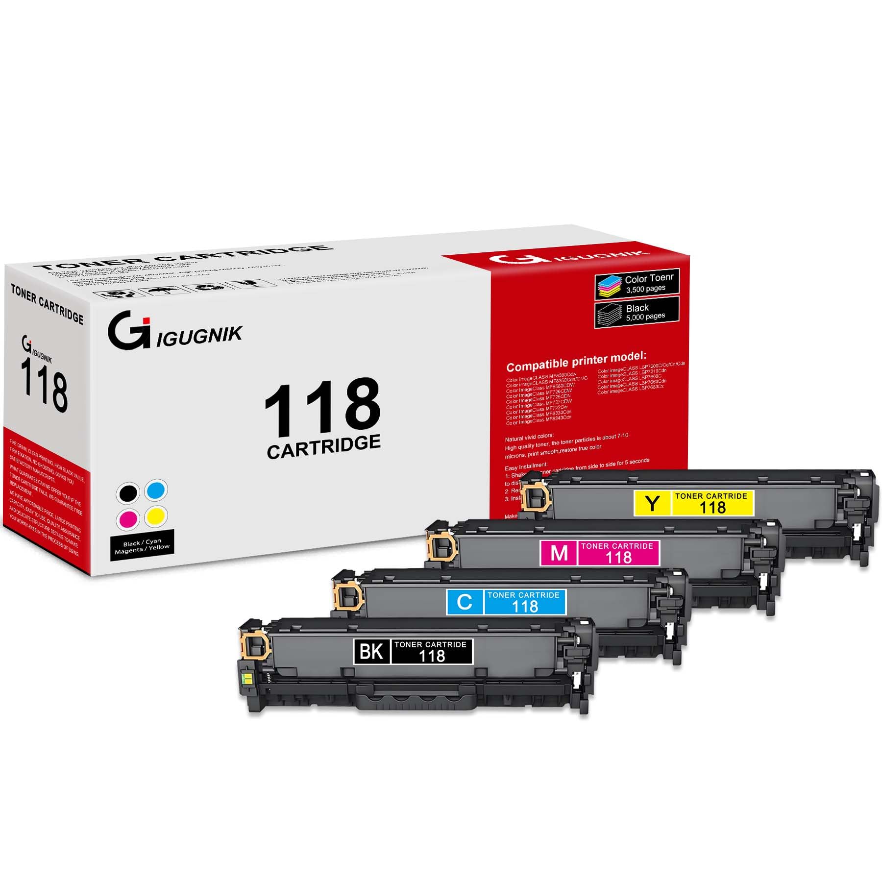 4 Pack 118 2662B001 2661B001 2660B001 2659B001 BK/C/M/Y Toner Cartridge with Chip CRG-118 Compatible Replacement for Canon ImageClass MF8380Cdw