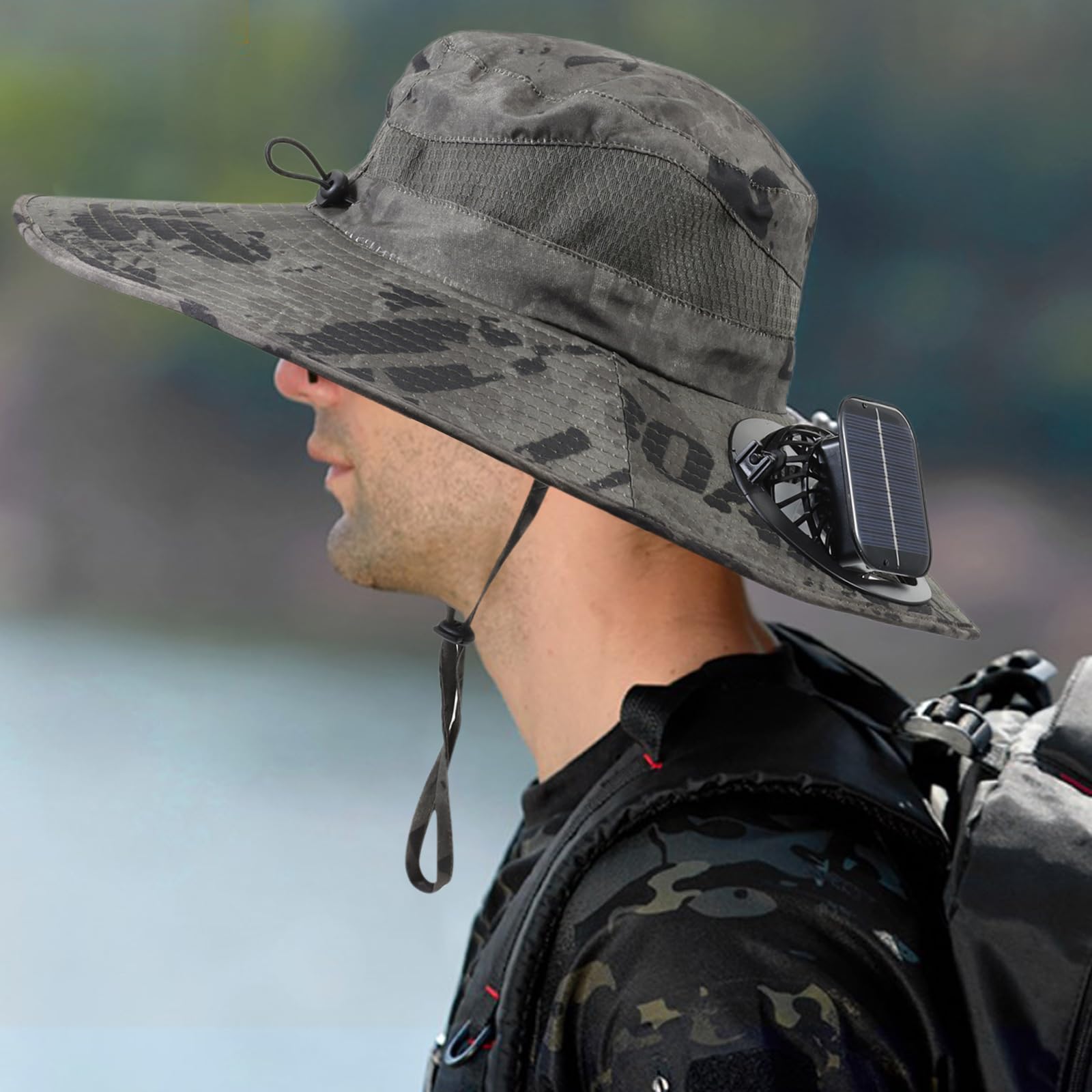 Cappello da pesca a tesa larga con ventaglio solare con 2 ventilatori solari UPF 50+, cappello da pescatore impermeabile traspirante