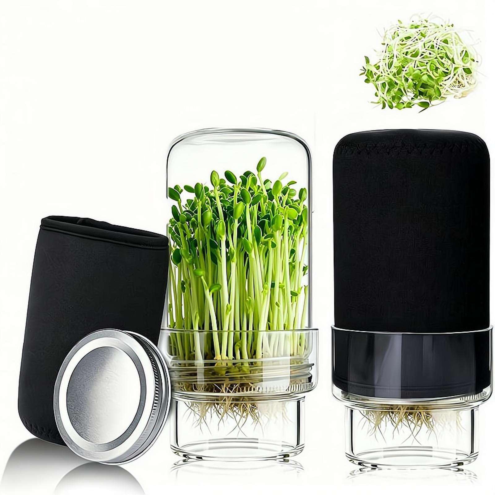 Cikiki Seed Sprouting Jar Kit,Large Wide Mouth Mason Jars with Screen Sprout Lid,Sprouting Jar Stand,Tray,Blackout Sleeves,Microgreens Sprouts Growing Kit for Bean, Broccoli